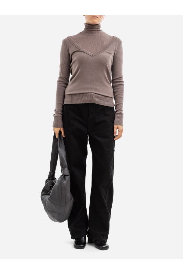 Ribbed Turtleneck V-Neck Sweater — Gray