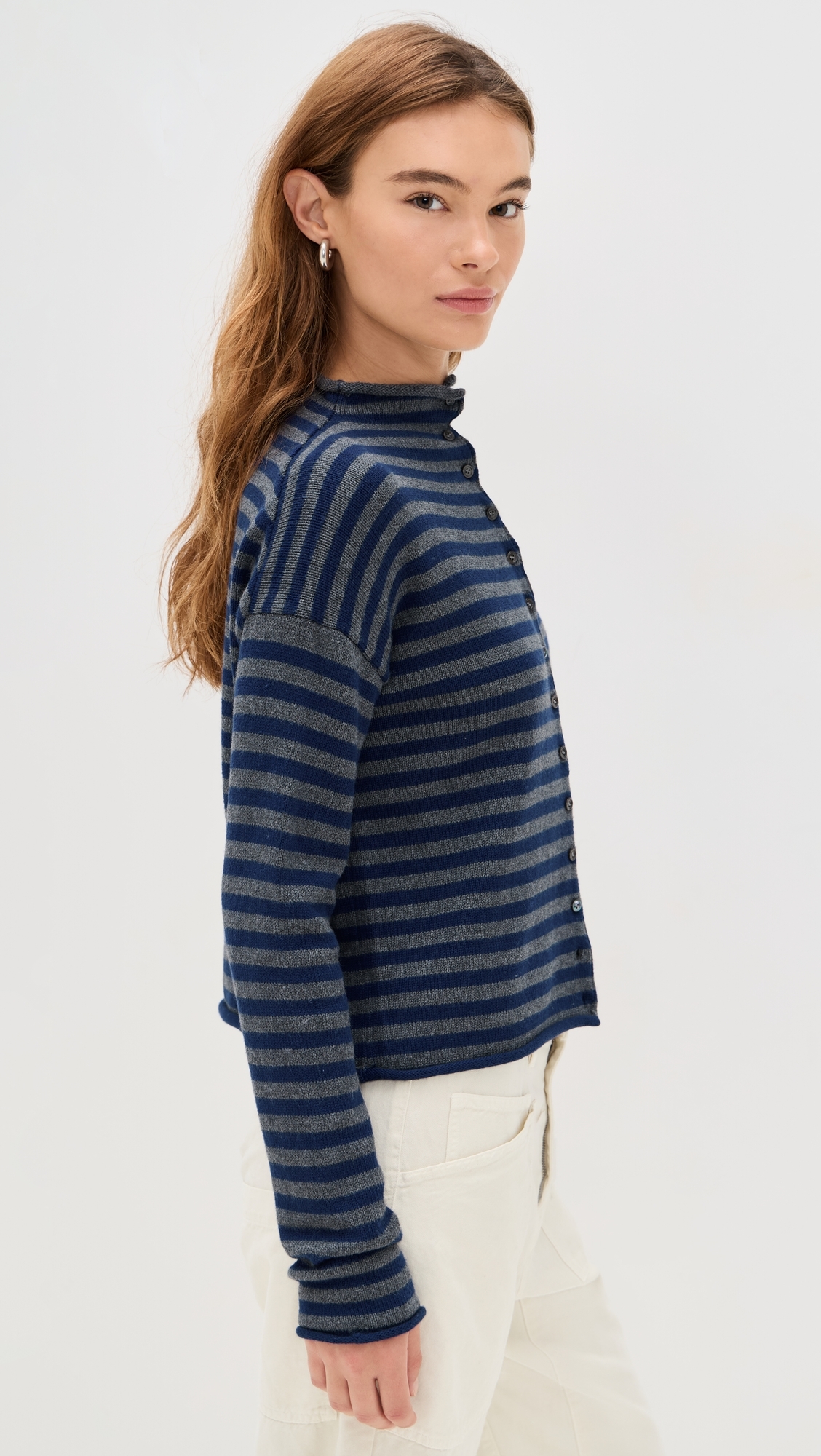 Taylor Cardigan in Stripe Cotton Cashmere Blend Navy/Oxford