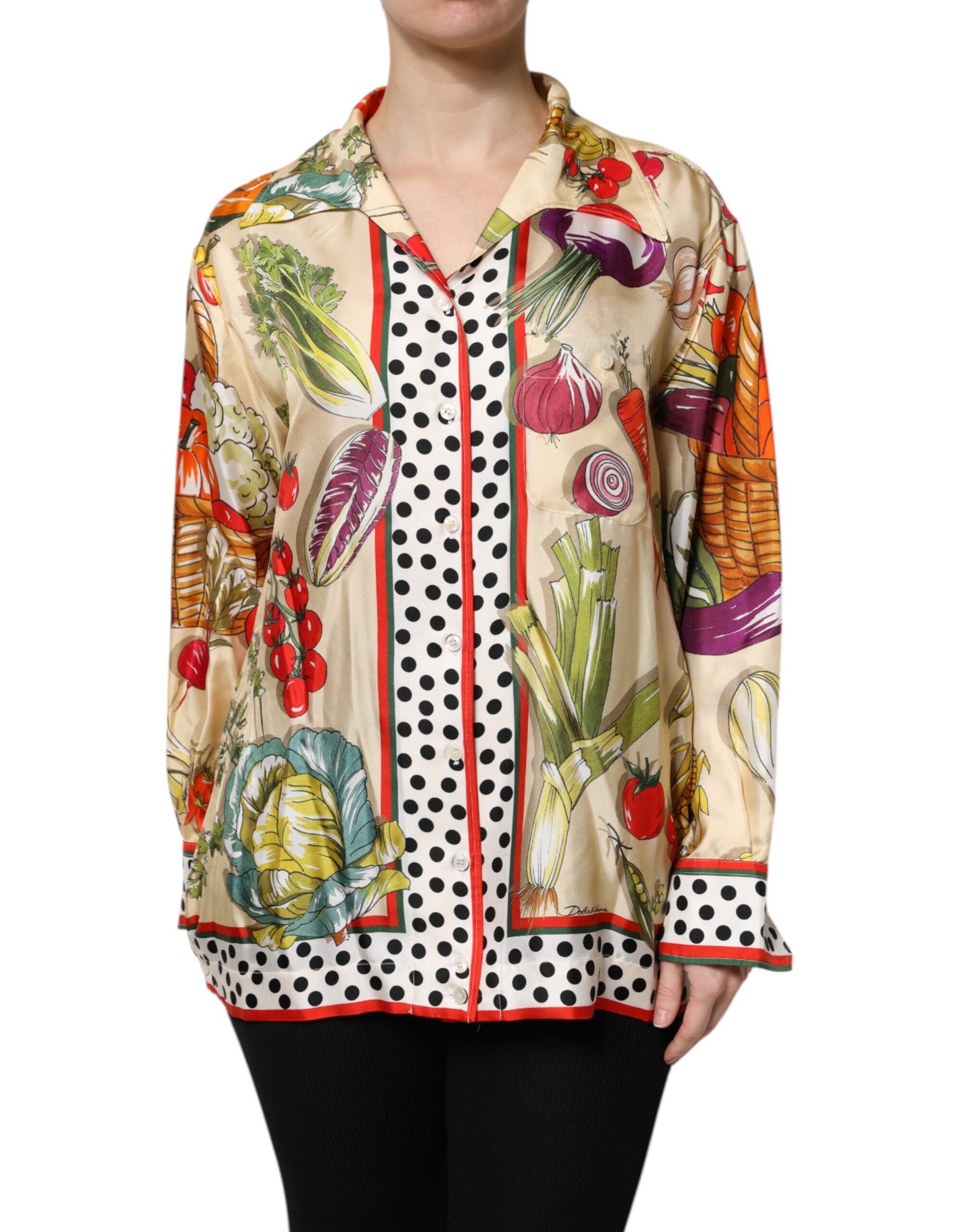 Vegetable-Print Silk Blouse — Multicolor