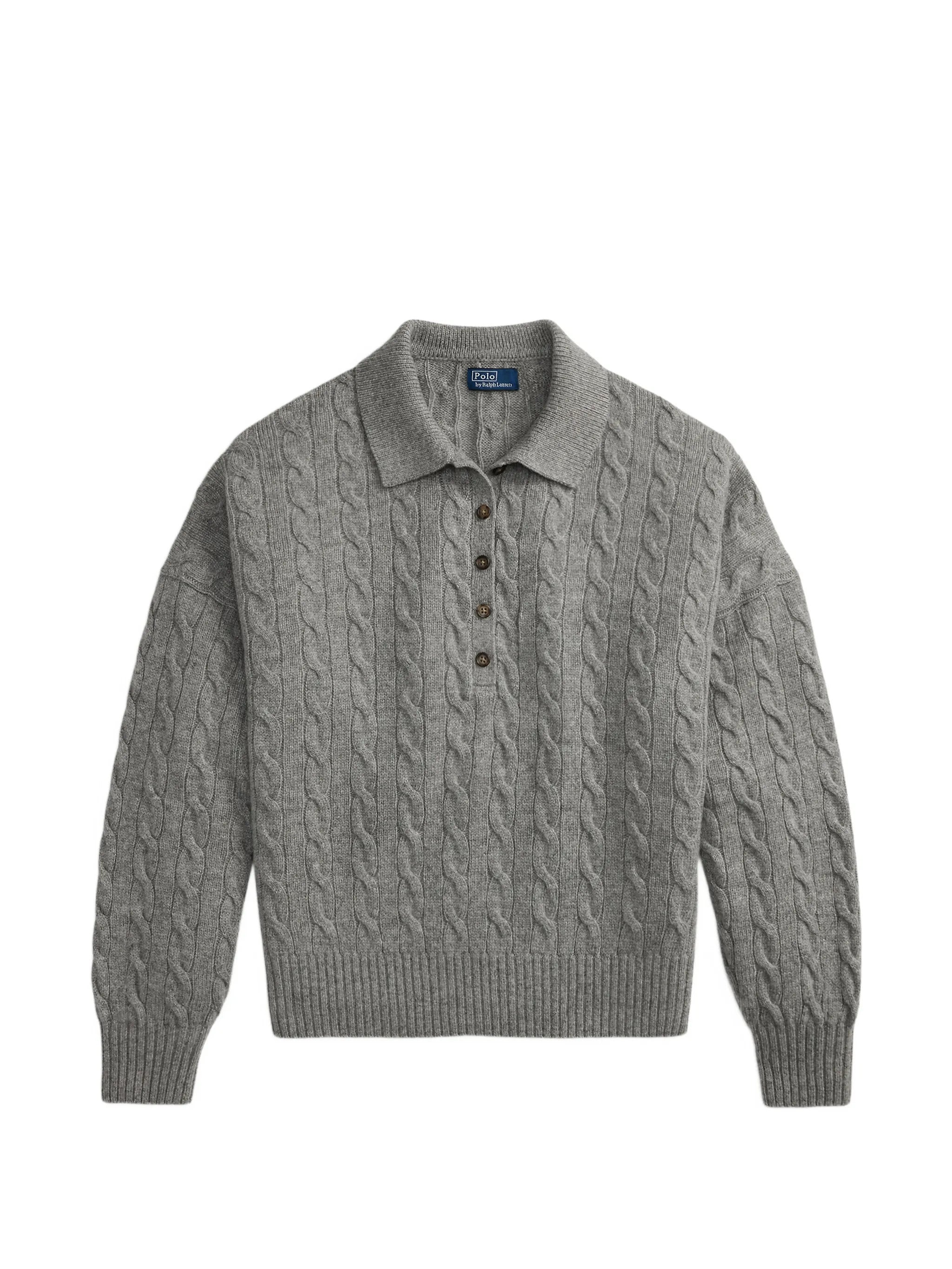 Women's Wool-Cashmere Rib-Knit Polo Sweater with Five-Button Placket, Ribbed Cuffs & Hem, Size S