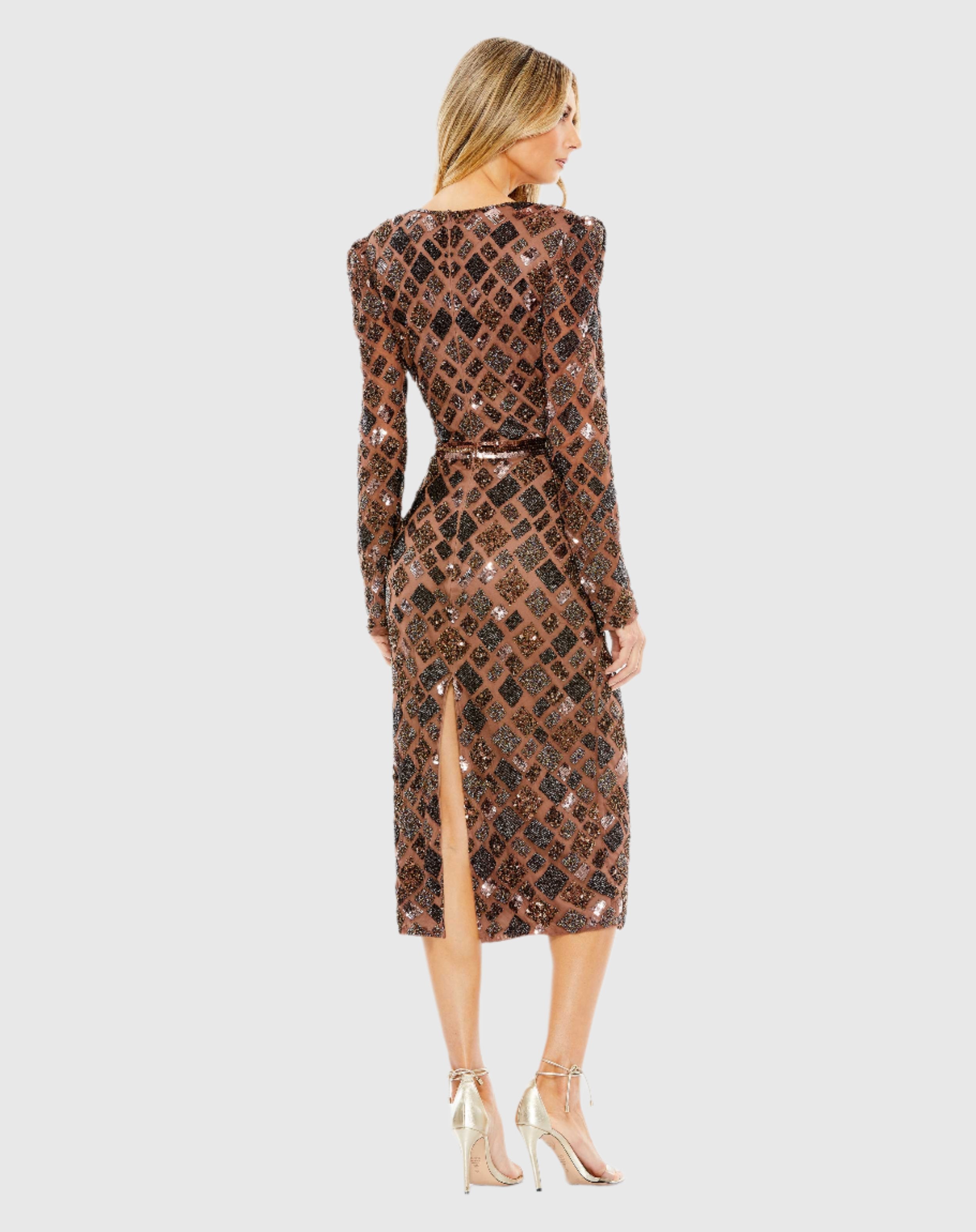 Geo Embellished Midi Sheath Wedding Guest Dress In Chocolate