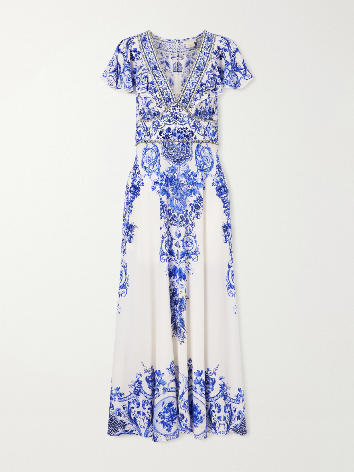 Embellished Printed Ruffled Silk-crepe Midi Dress - Blue