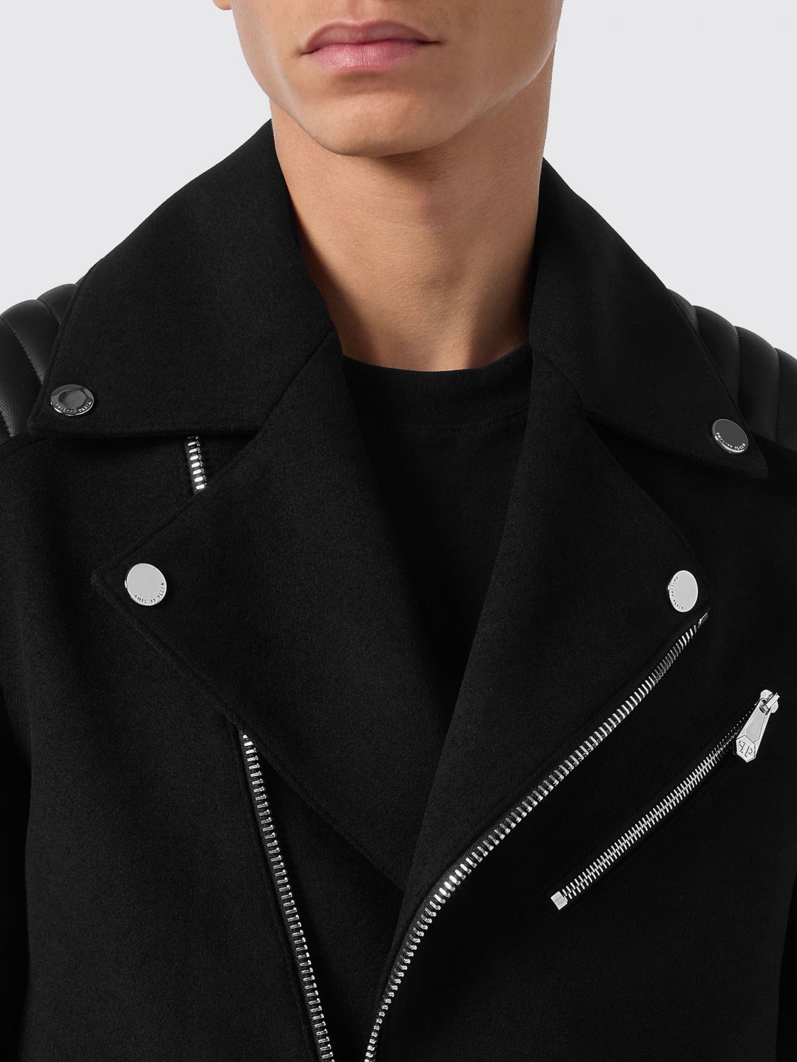 Leather and Wool Biker Jacket with Lapels and Asymmetrical Zip