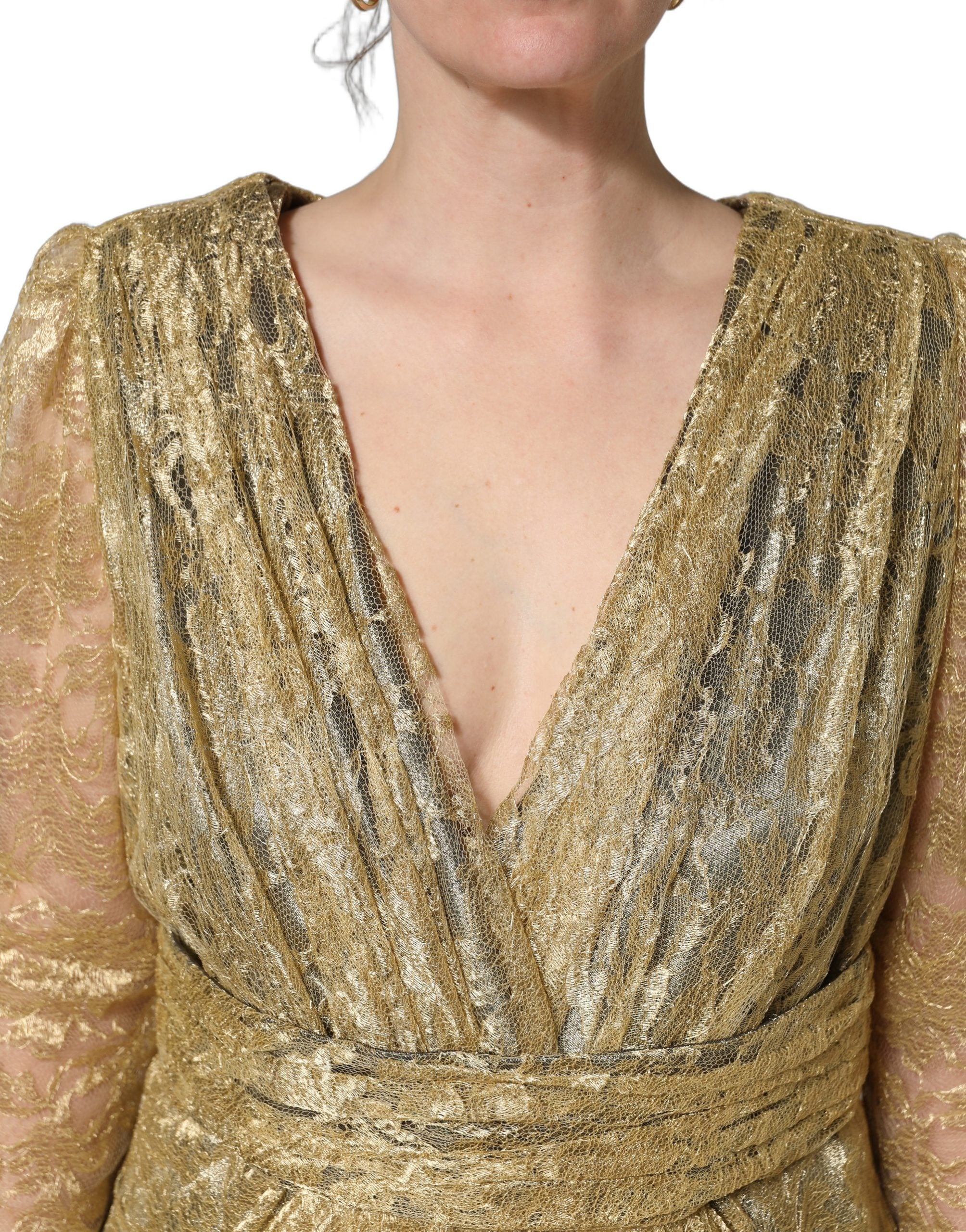 Sheer Lace Crystal-Embellished Dress — Gold