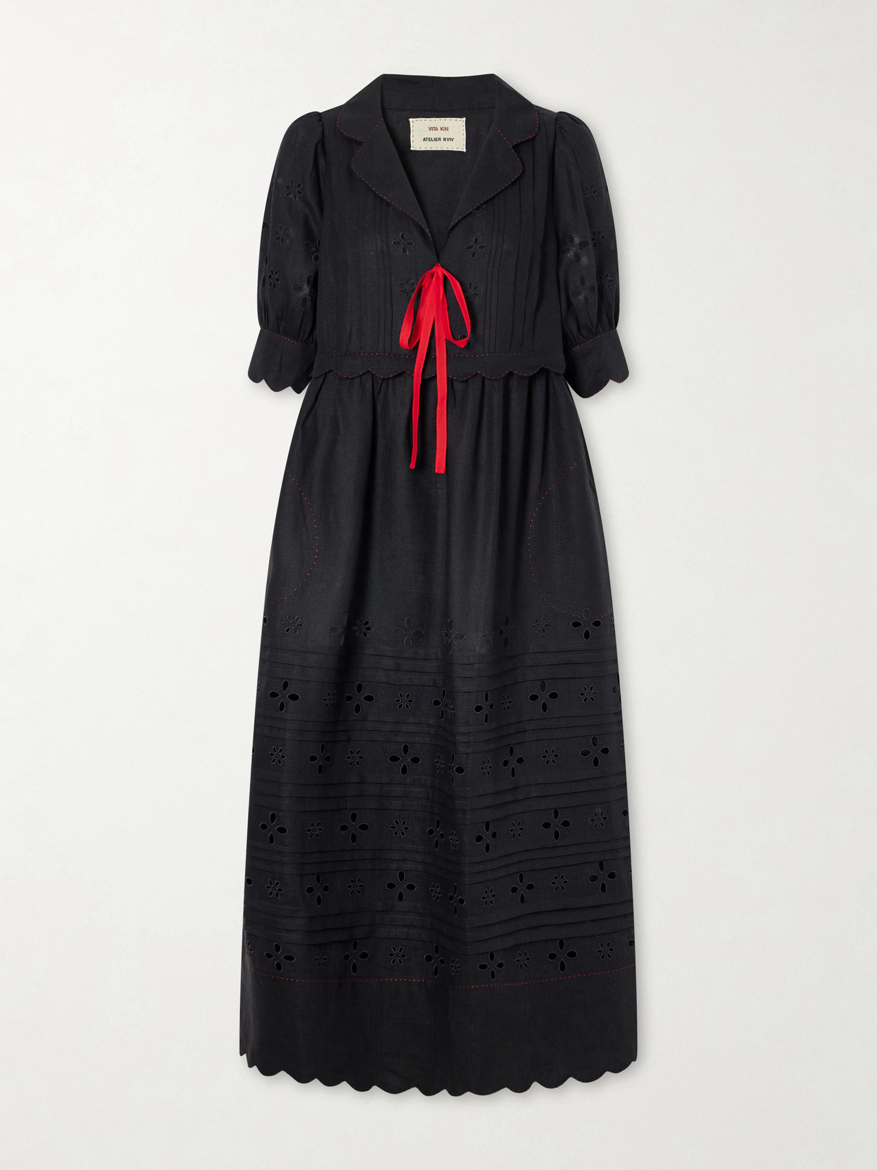 Bari Tie-detailed Broderie Anglaise-trimmed Linen Midi Dress - Black