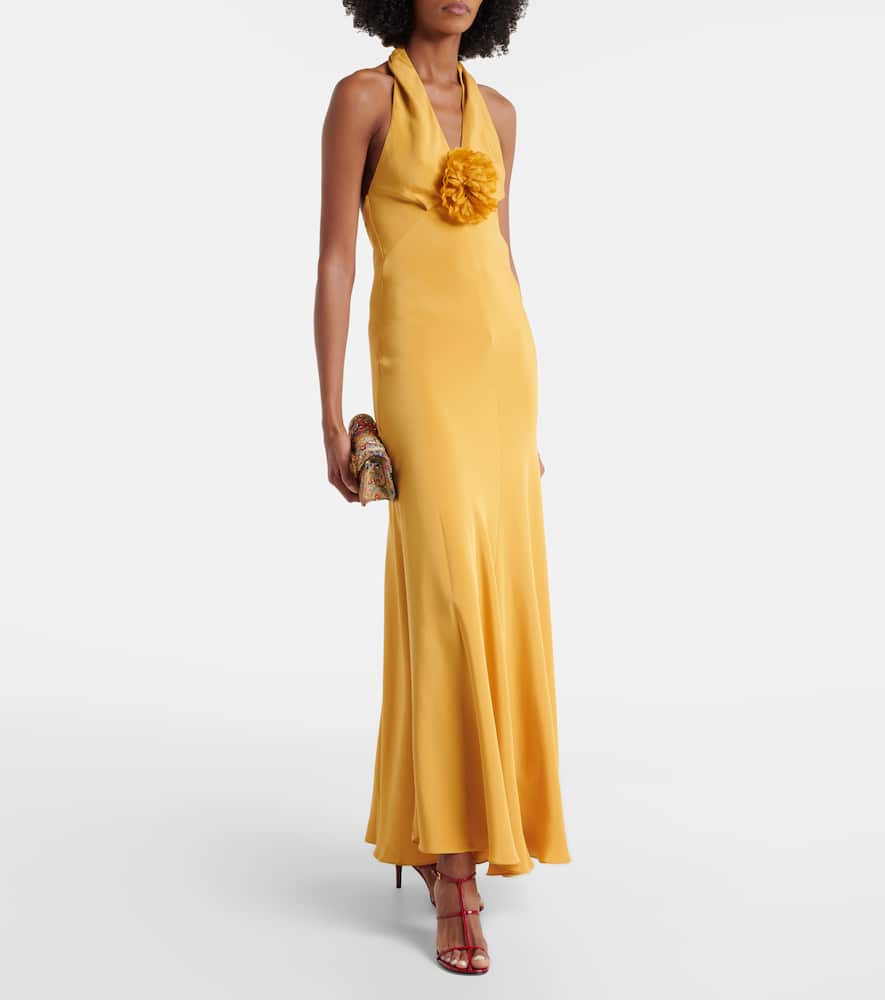 Floral-appliqué silk crêpe gown