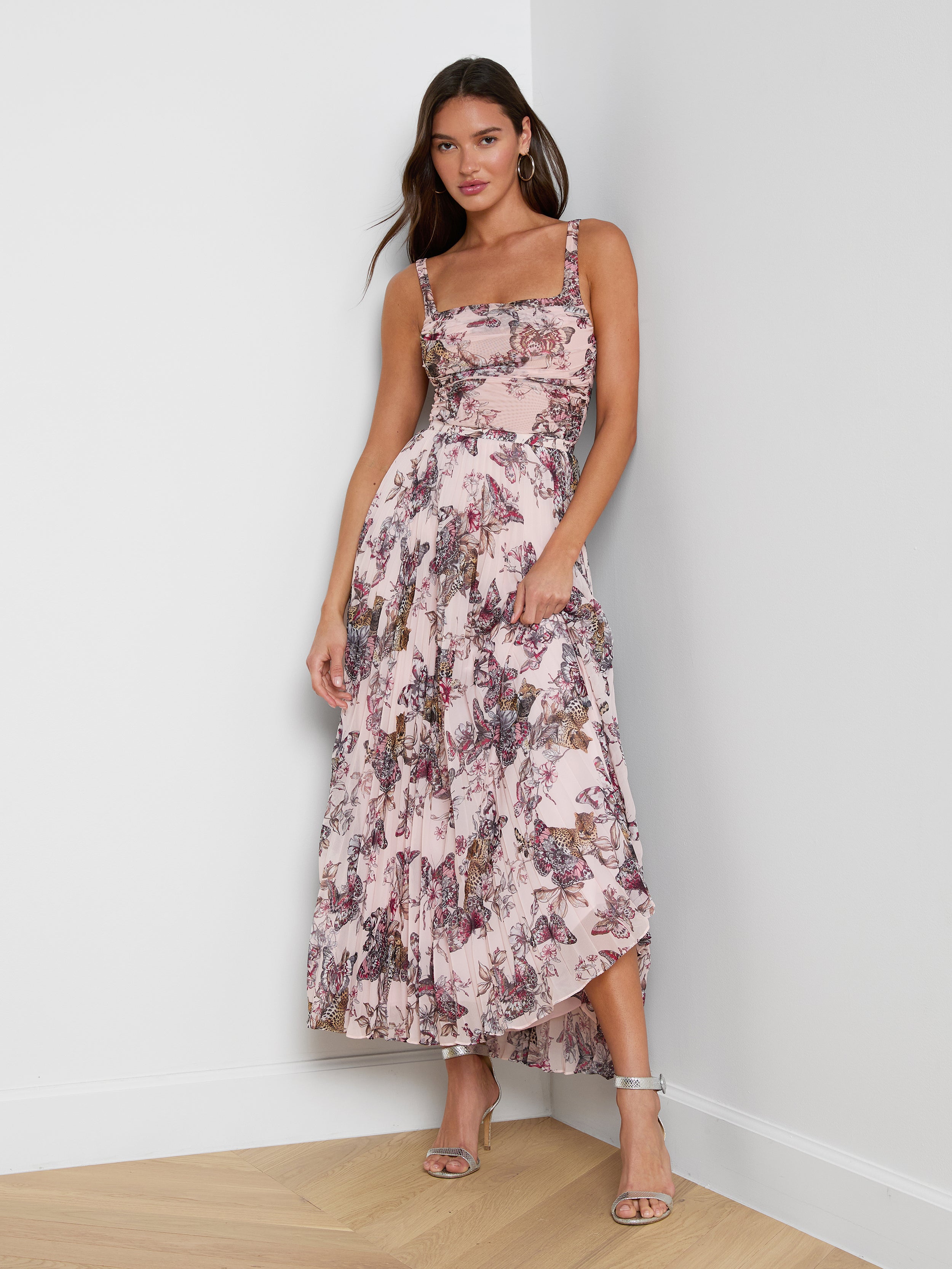 Torin Pleated Maxi Skirt In Light Nectar Pink Small Multi Butterfly Jungle