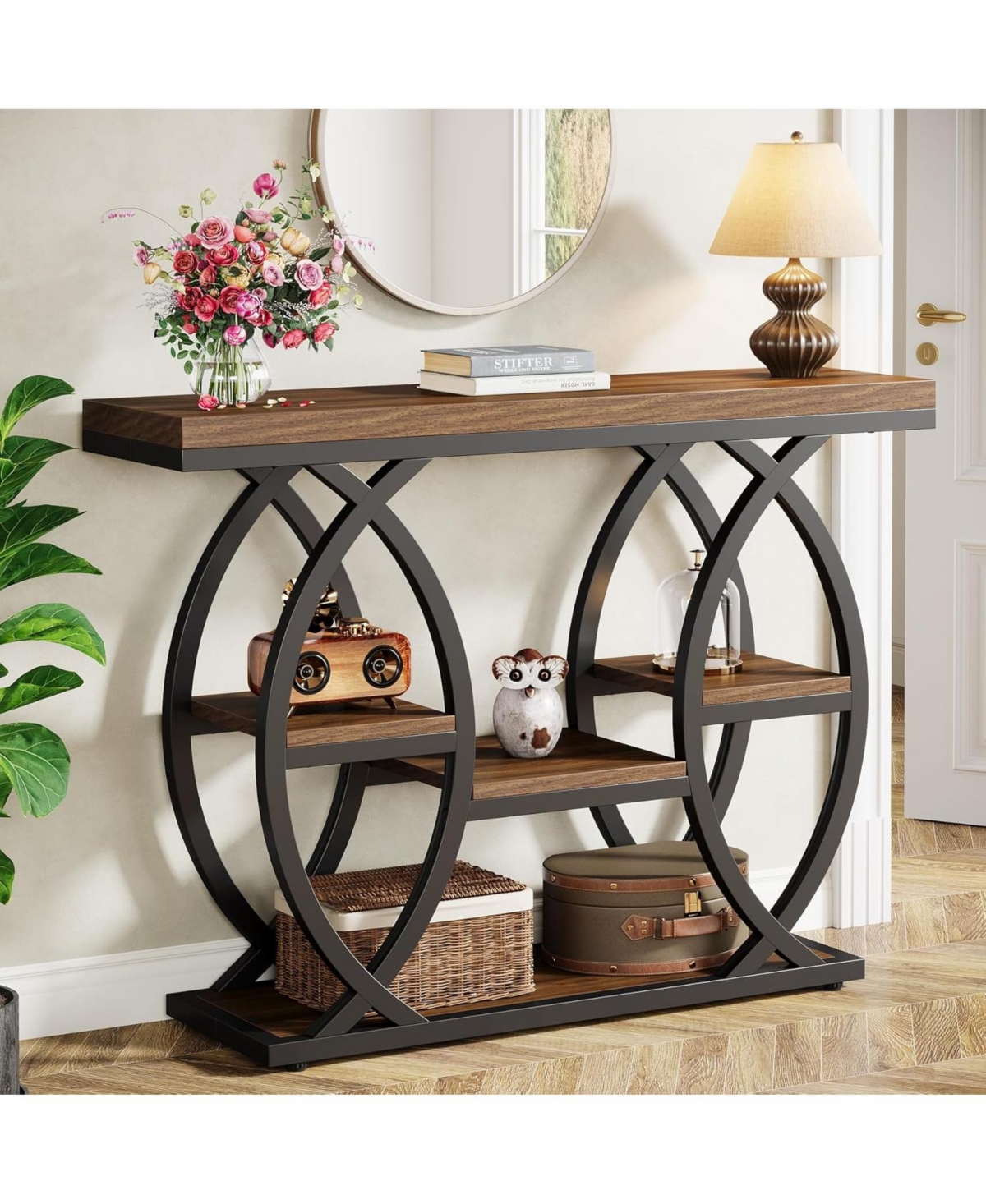 "39.4"" Console Table, Industrial 4-Tier Sofa Table Entryway Table with Storage Shelves, Narrow Wood Accent Tables with Metal Frame for Small"