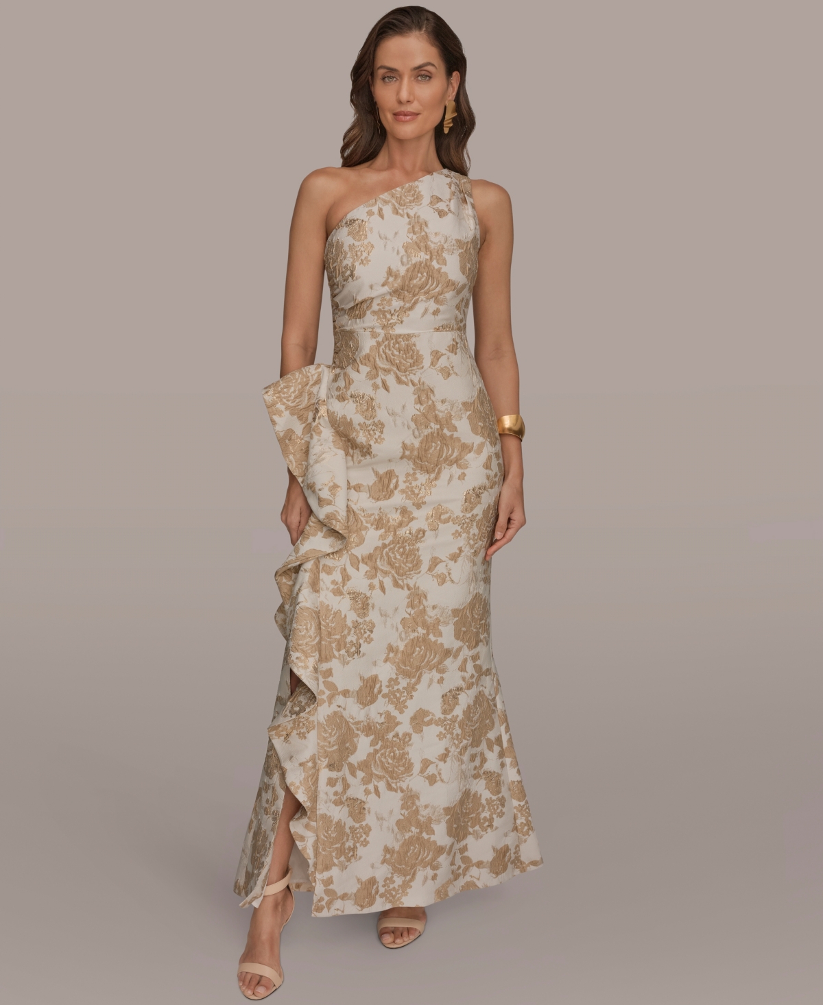 Petite Floral One-Shoulder Gown - Gold Multi