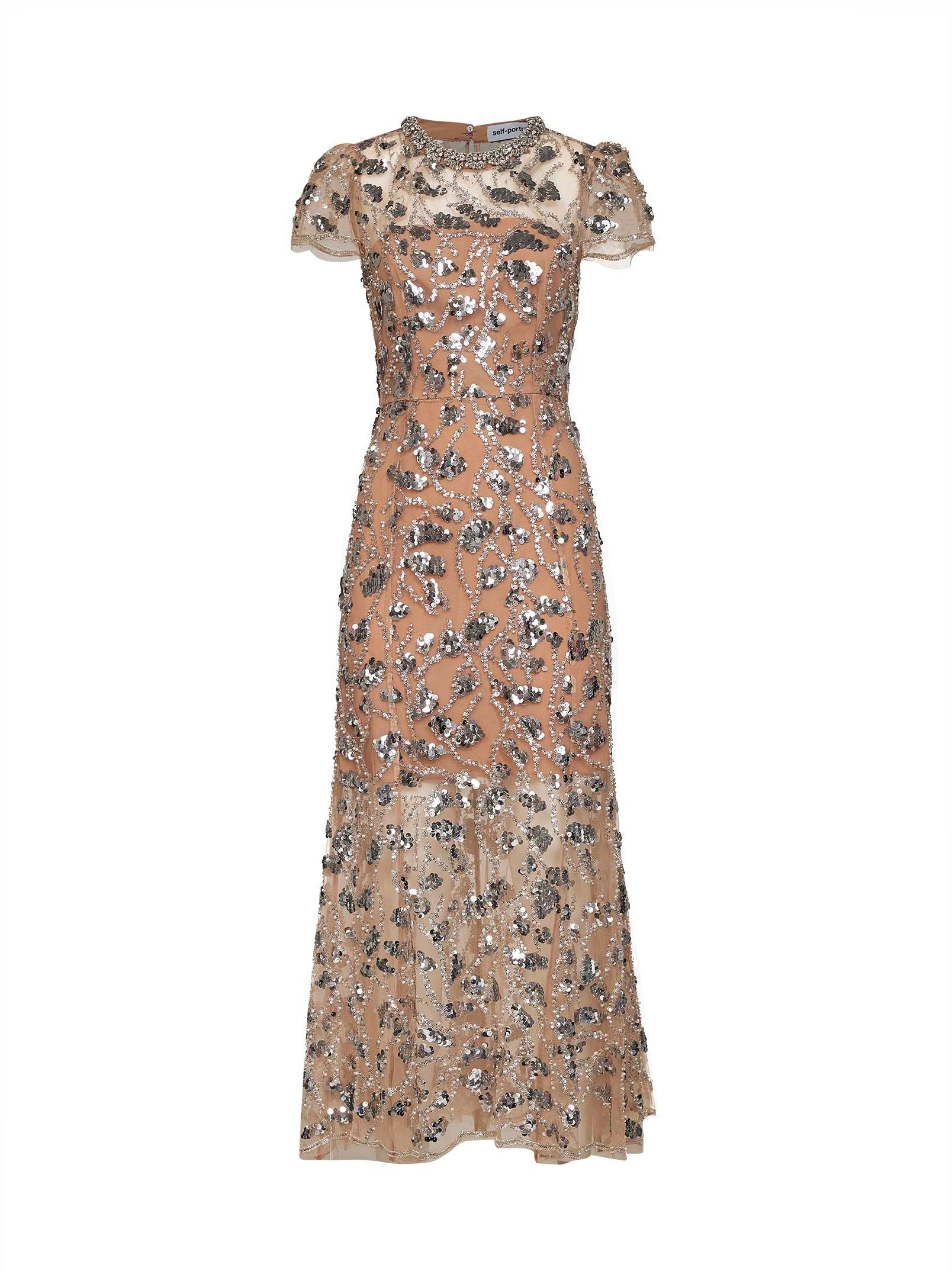 Silver Sequin Embroidered Tulle Dress — Nude