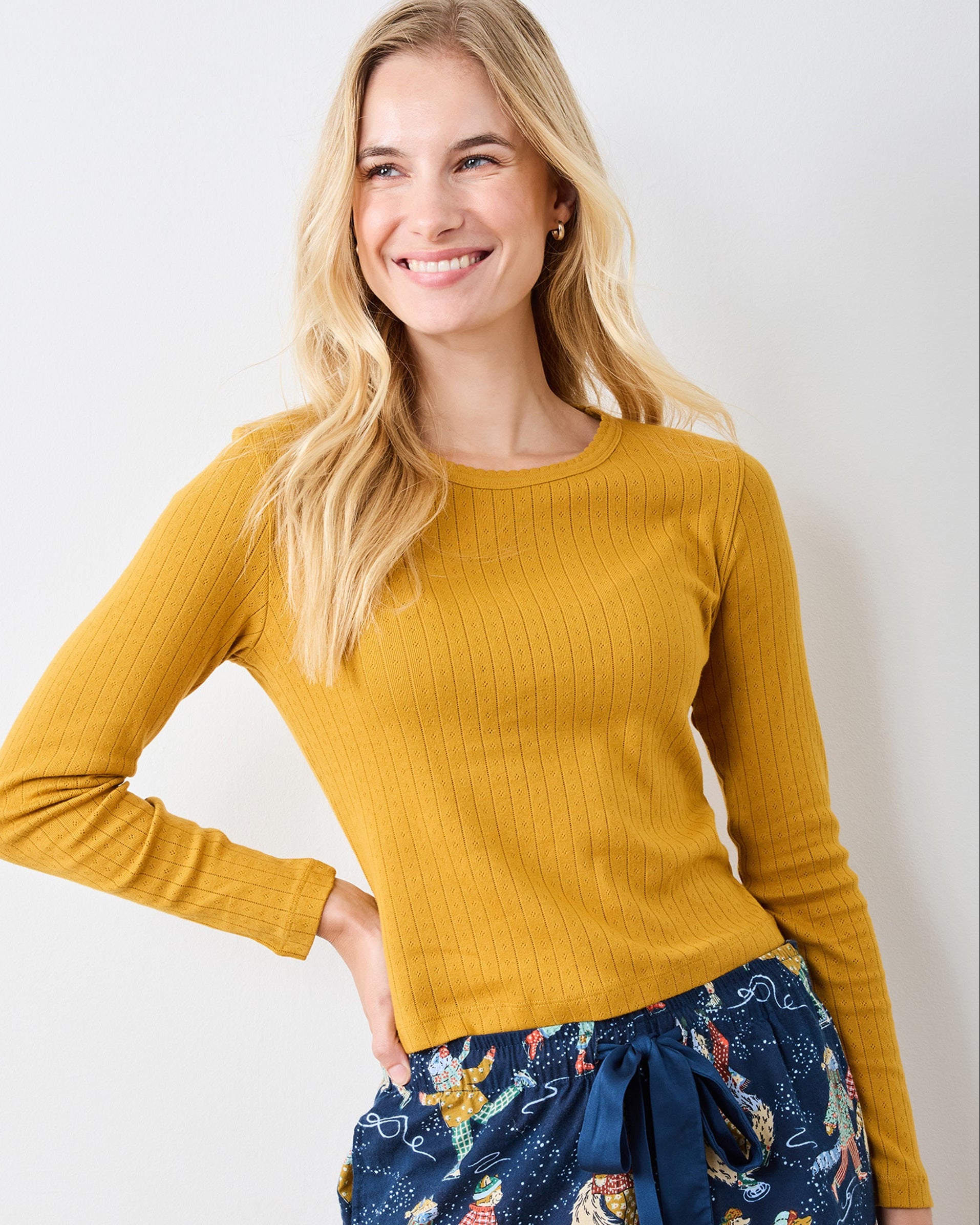 Cotton Long Sleeve Pointelle in Goldenrod | Women's XS | Yellow