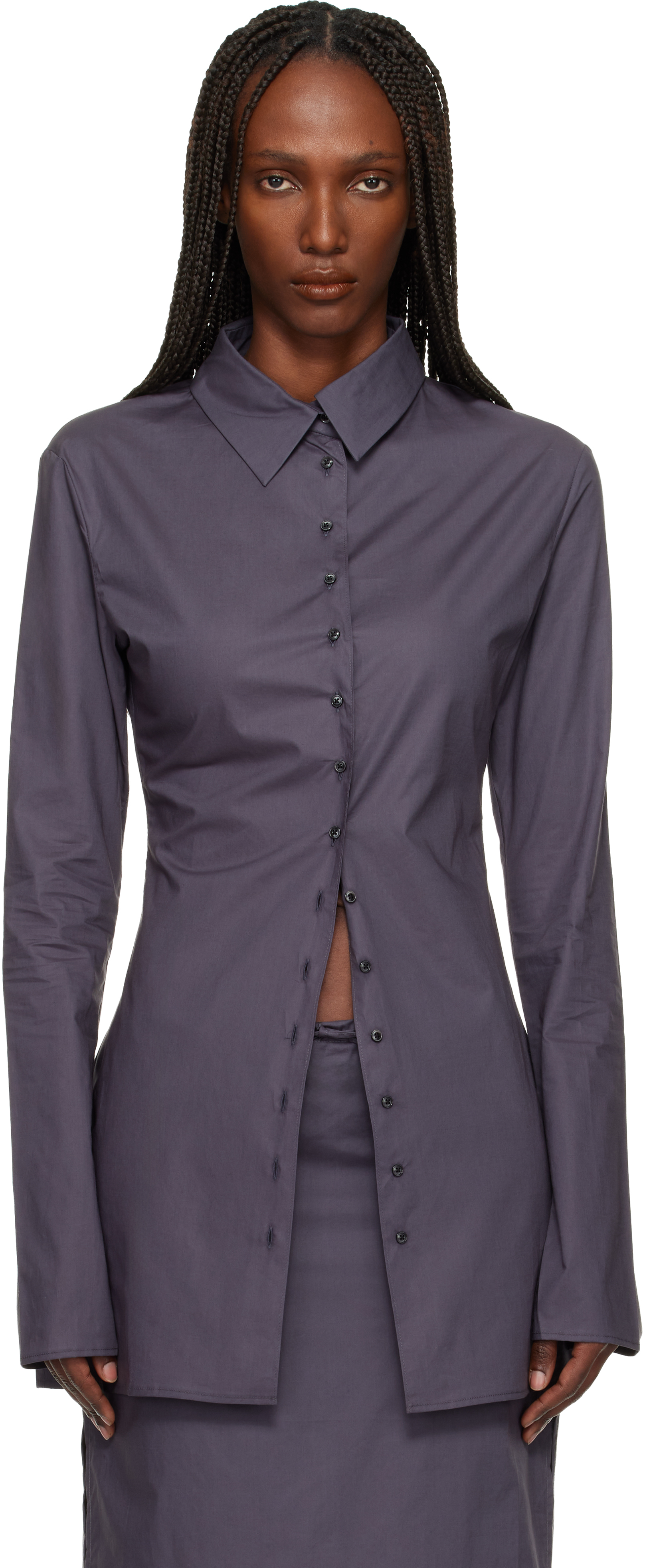 Gray Cotton Poplin Fitted Cuffless Shirt