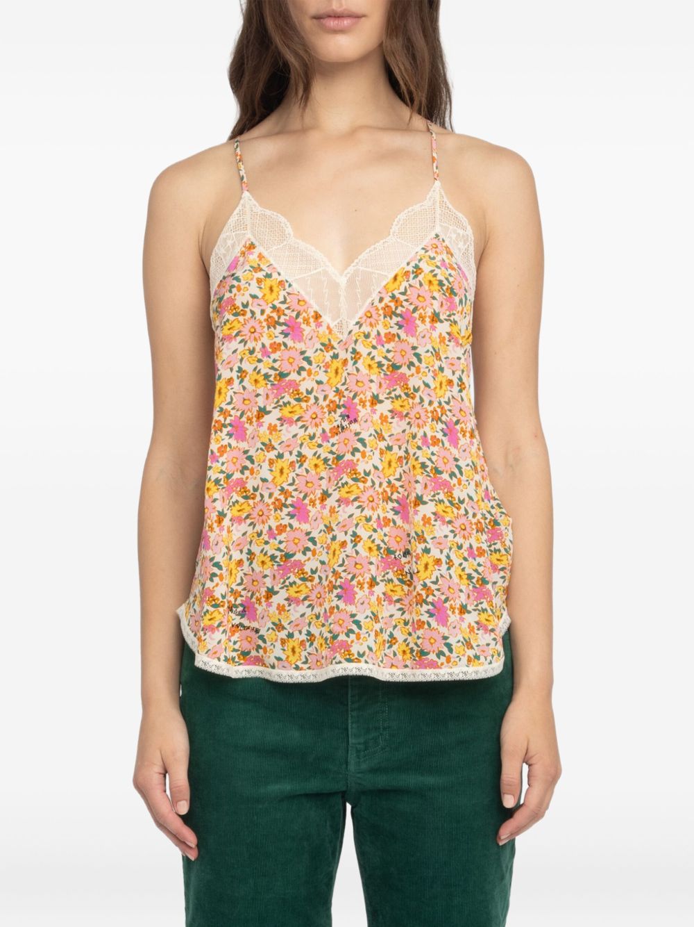 Floral-print lace-trim top - Orange