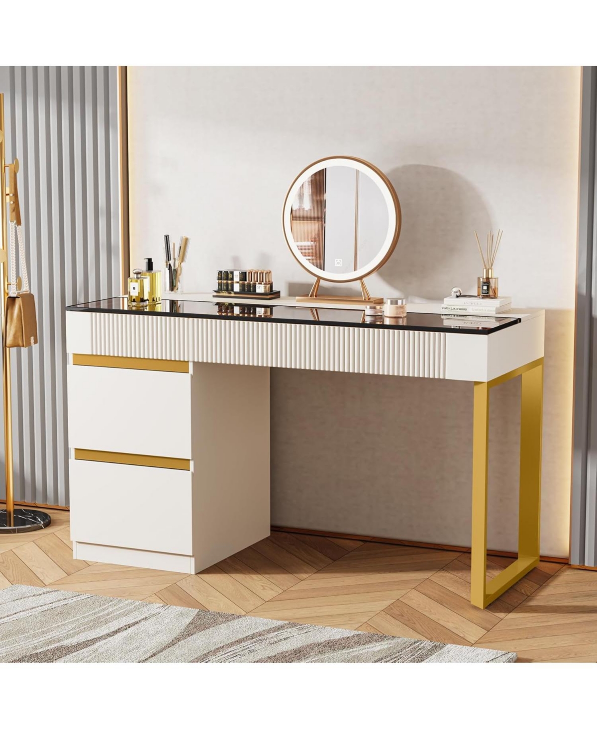 Vanity Desk with Glass Top, 4 Drawers Makeup Vanity Table, Modern Makeup Dresser Desk, White Gold Vanities with Visual Drawer for Bedroom -