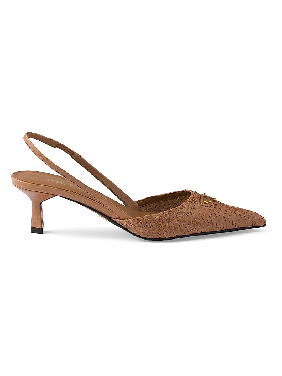 Women's Woven Leather Slingback Pumps - Beige Khaki