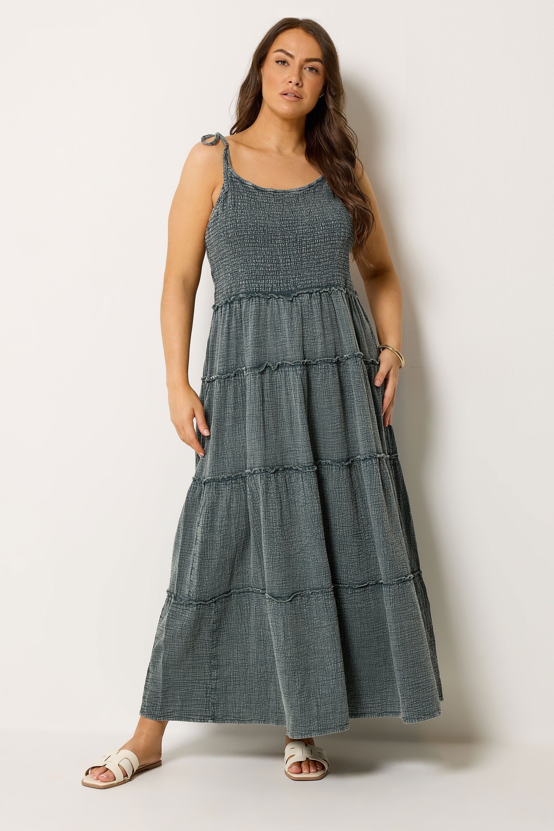 Yours Cheesecloth Tiered Maxi Dress In Dark Grey