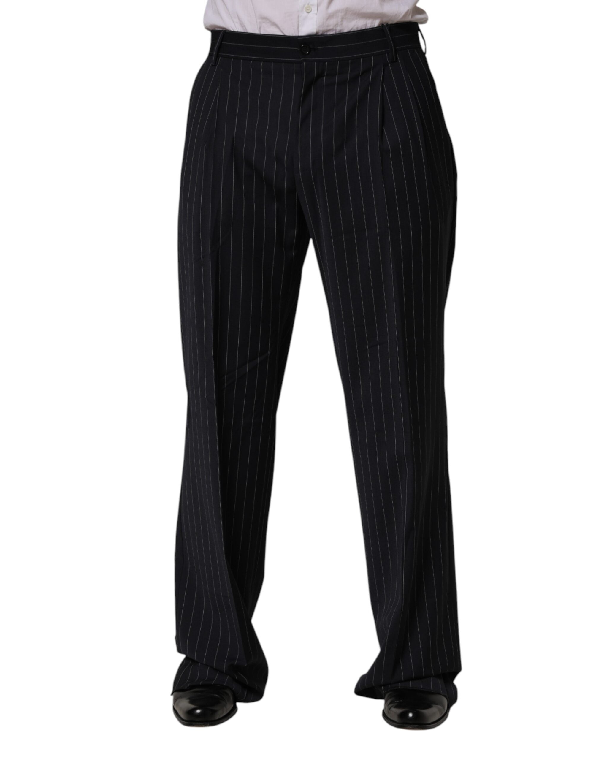 Striped Wool-Blend Trousers — Black