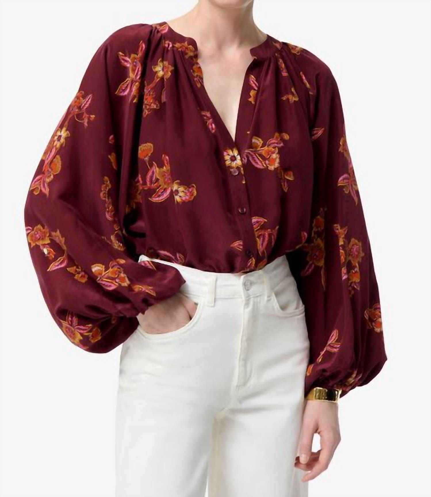 Edme Long Balloon Sleeves Blouse In Burgundy