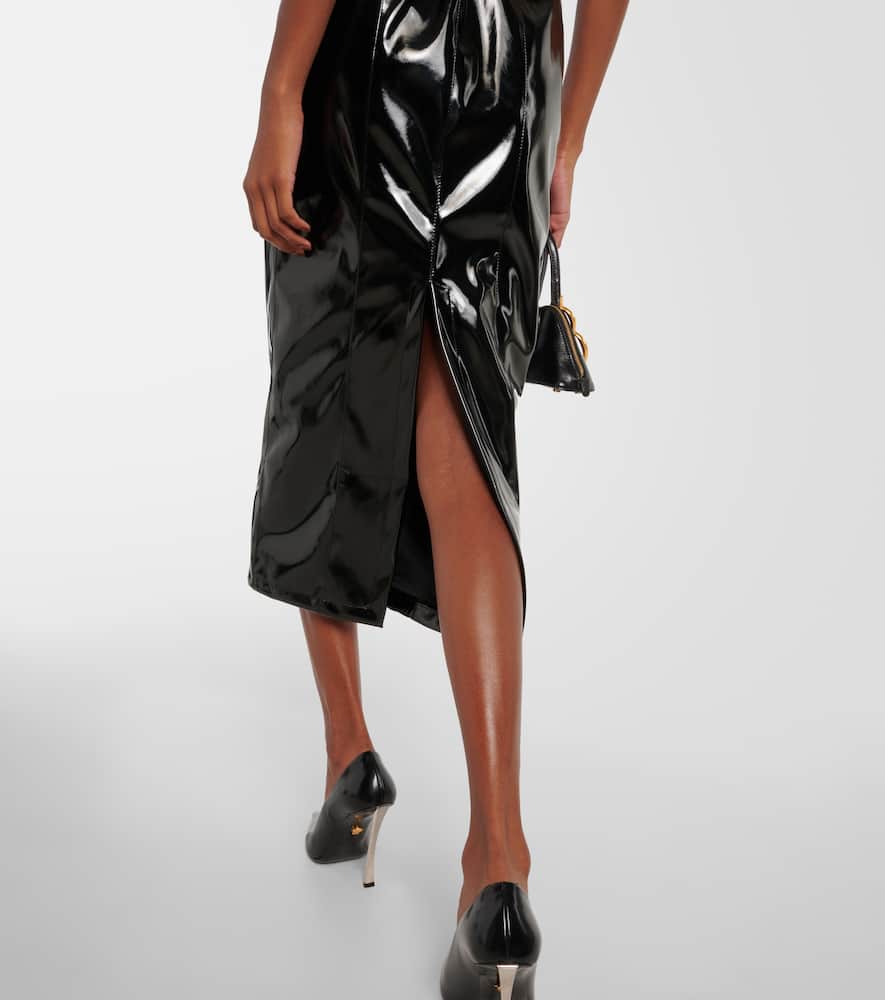 Feather-trimmed faux leather midi dress