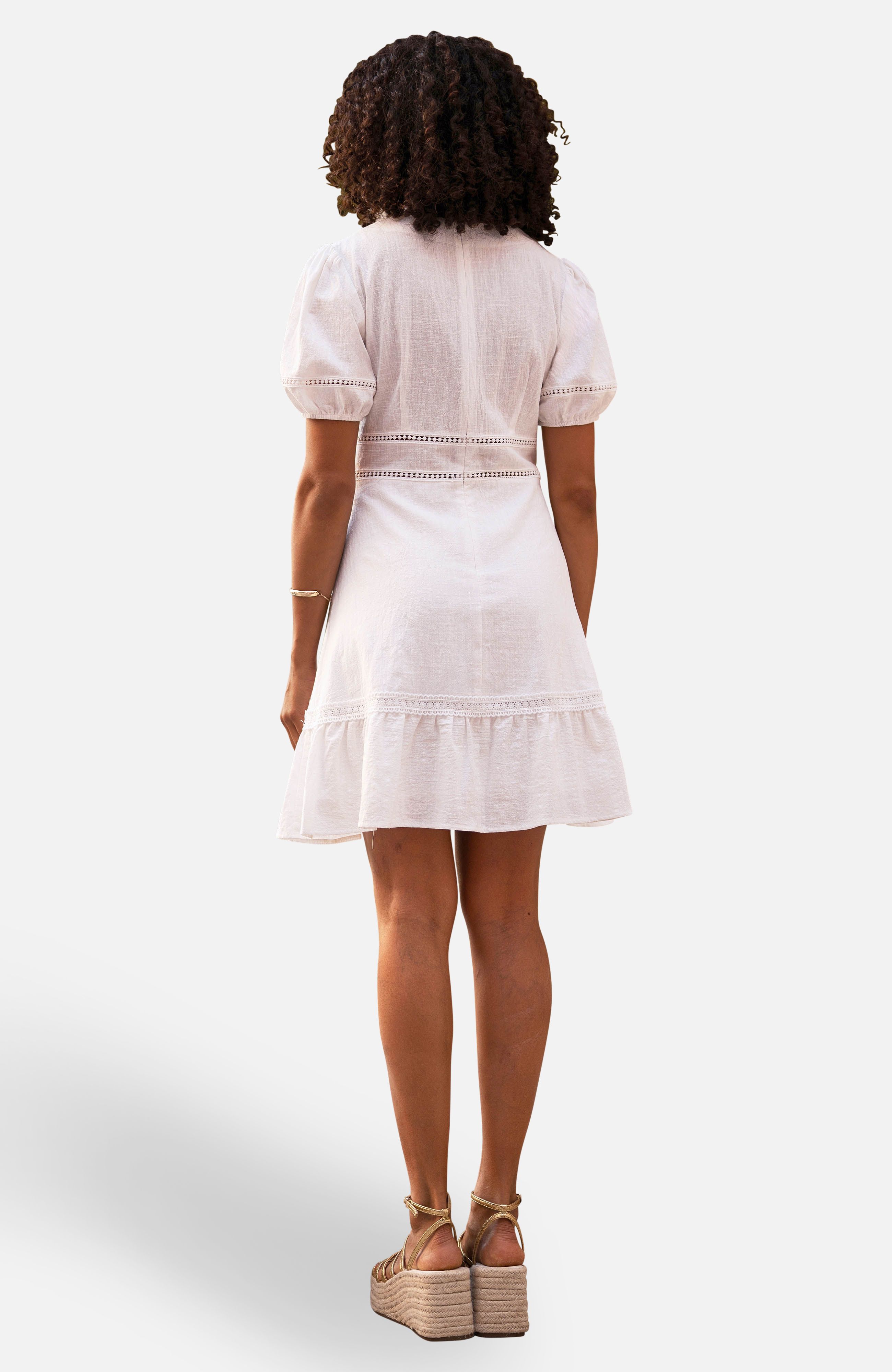 Yumi Women's White Cotton Lace Trim Skater Sun Dress in Natural White