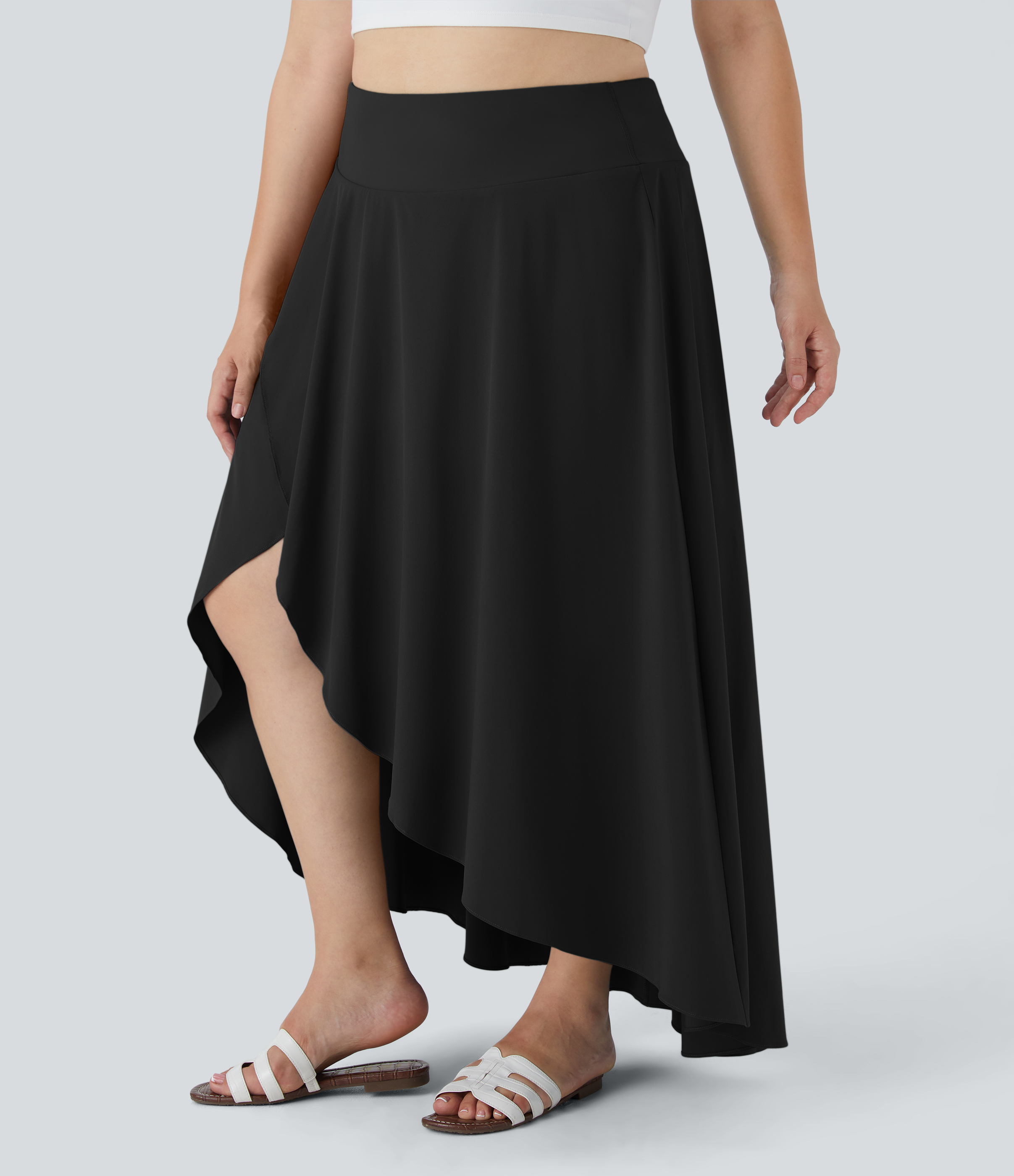 Breezeful™ High Waisted High Low Ruffle 2-in-1 Flowy Midi Quick Dry Casual Plus Size Skirt  - Black