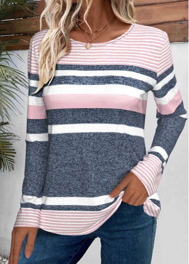 Modlily Pink Striped Long Sleeve Round Neck T Shirt