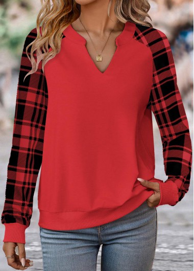 Modlily Light Yellow Split Plaid Long Sleeve Sweatshirt