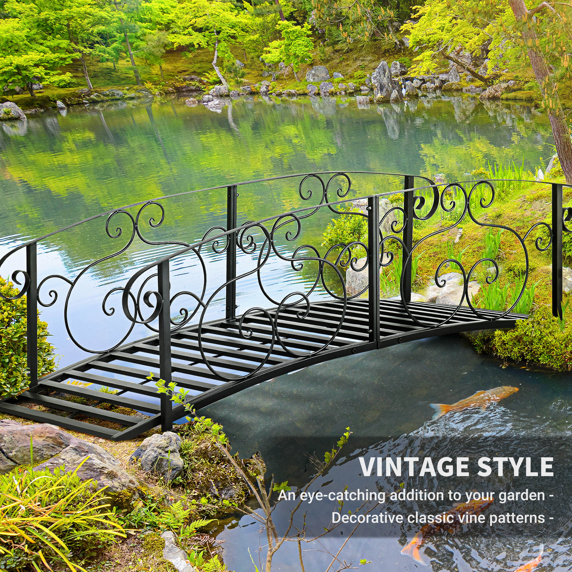 Outsunny Metal Garden Bridge with Railings Steel Decorative Pond Bridge Black Aosom.co