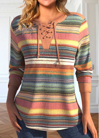 Modlily Multi Color Lace Up Long Sleeve T Shirt
