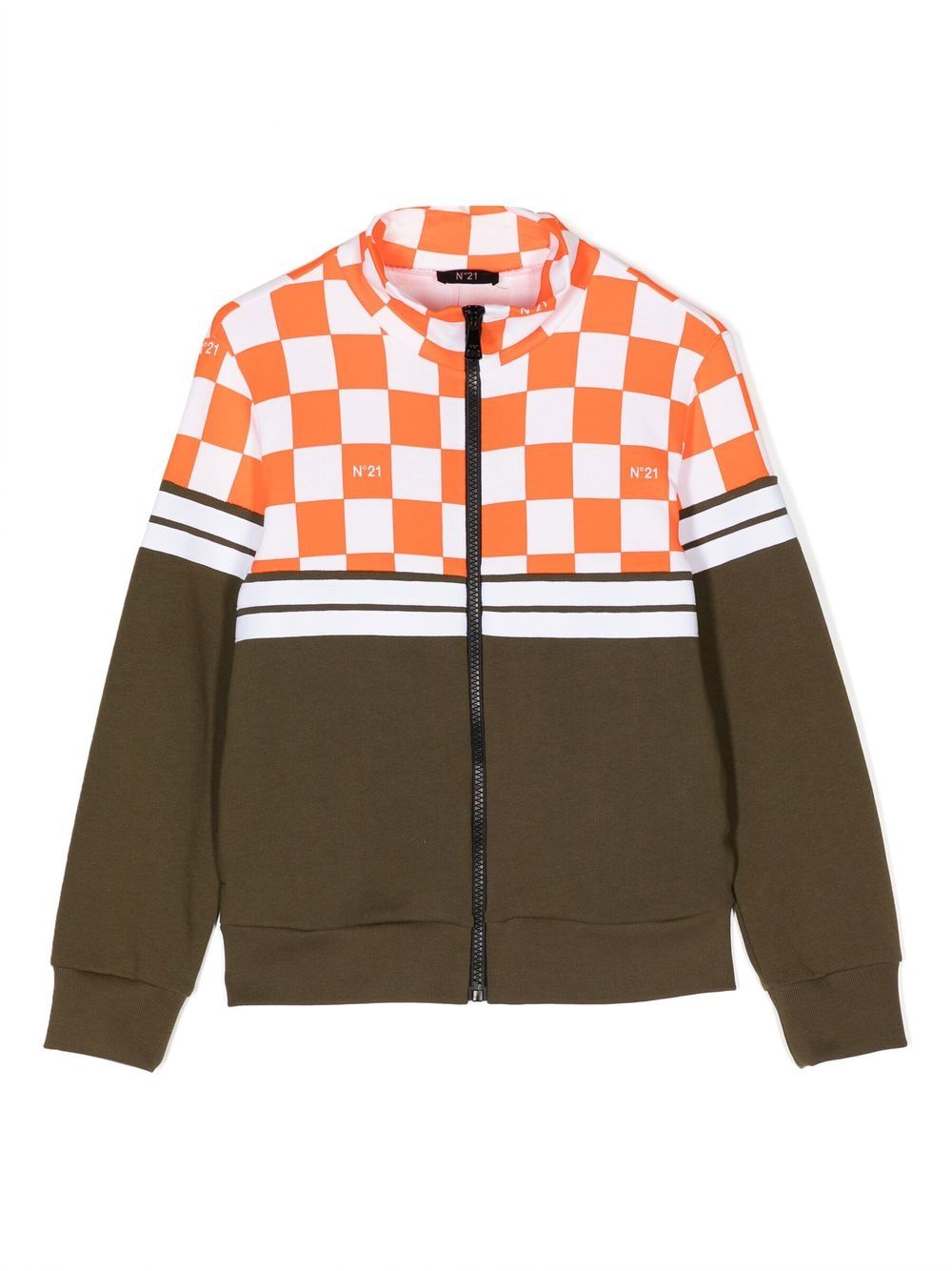 Check-panelled zipped jacket - Brown