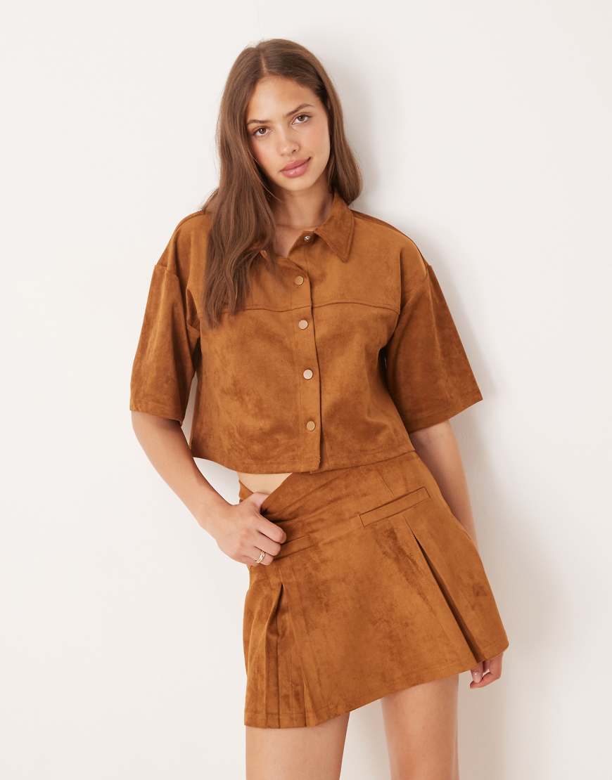 Faux suede pleated mini skirt in brown - part of a set
