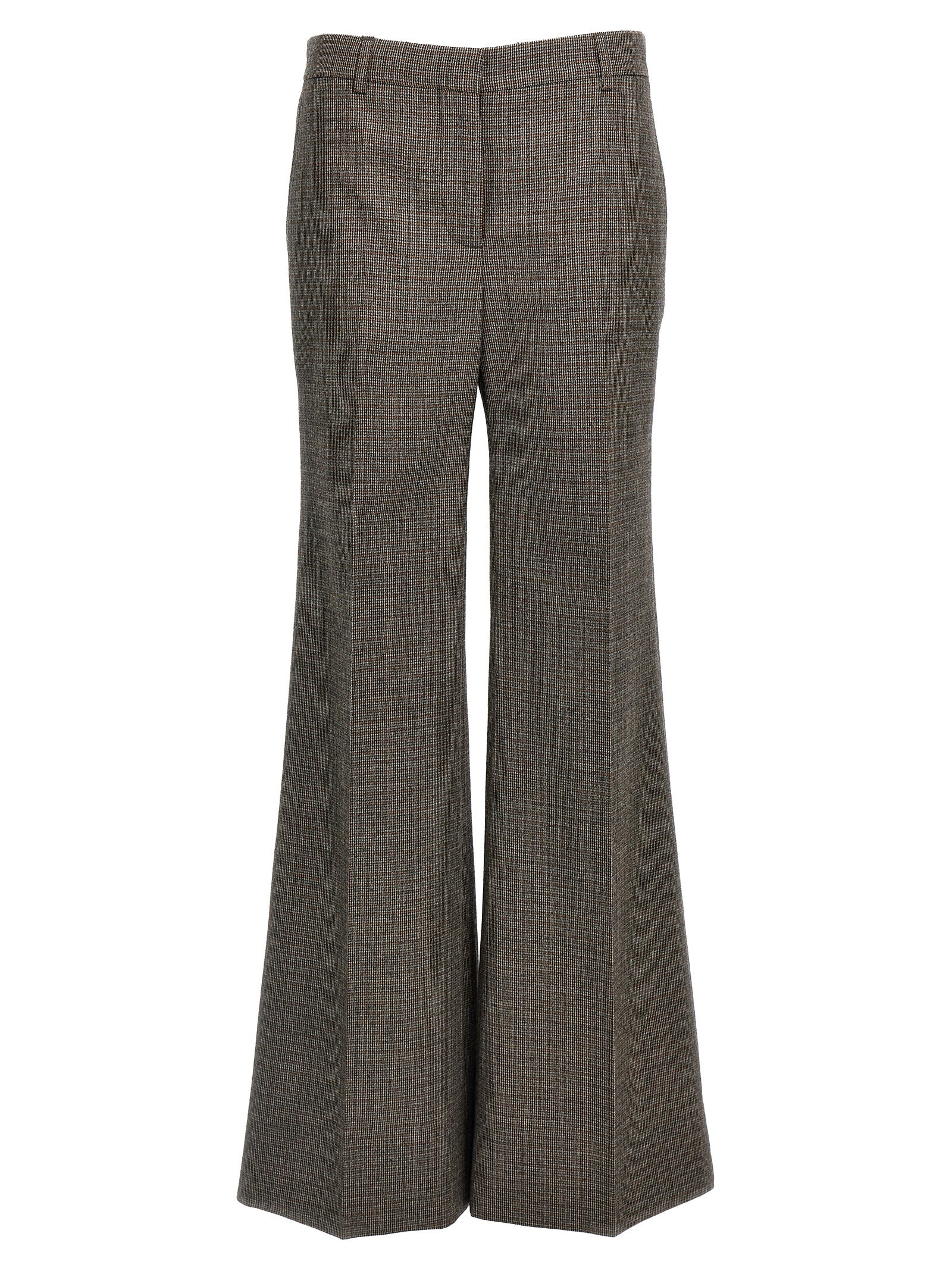 Wool Micro Houndstooth Flared Trousers — Gray