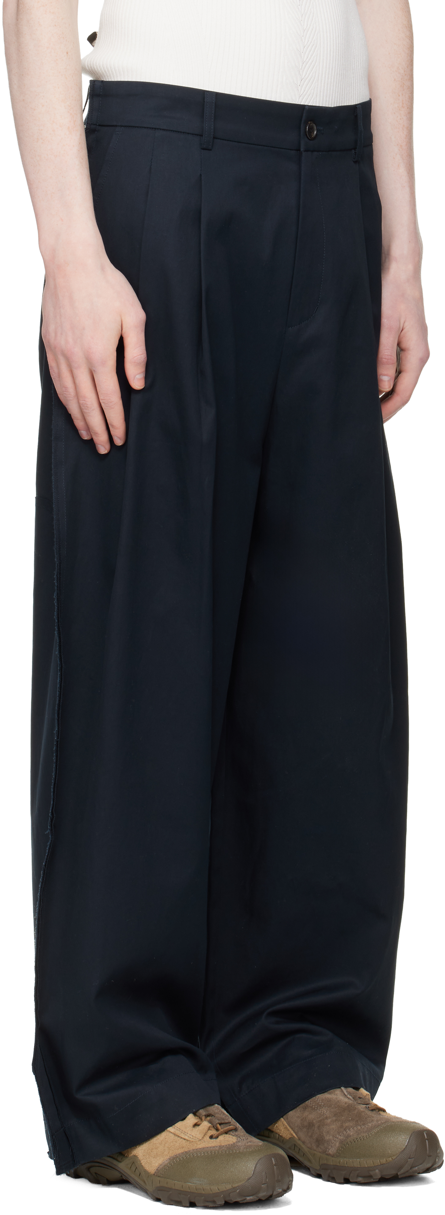 Navy Raw Edge Two Tuck Trousers