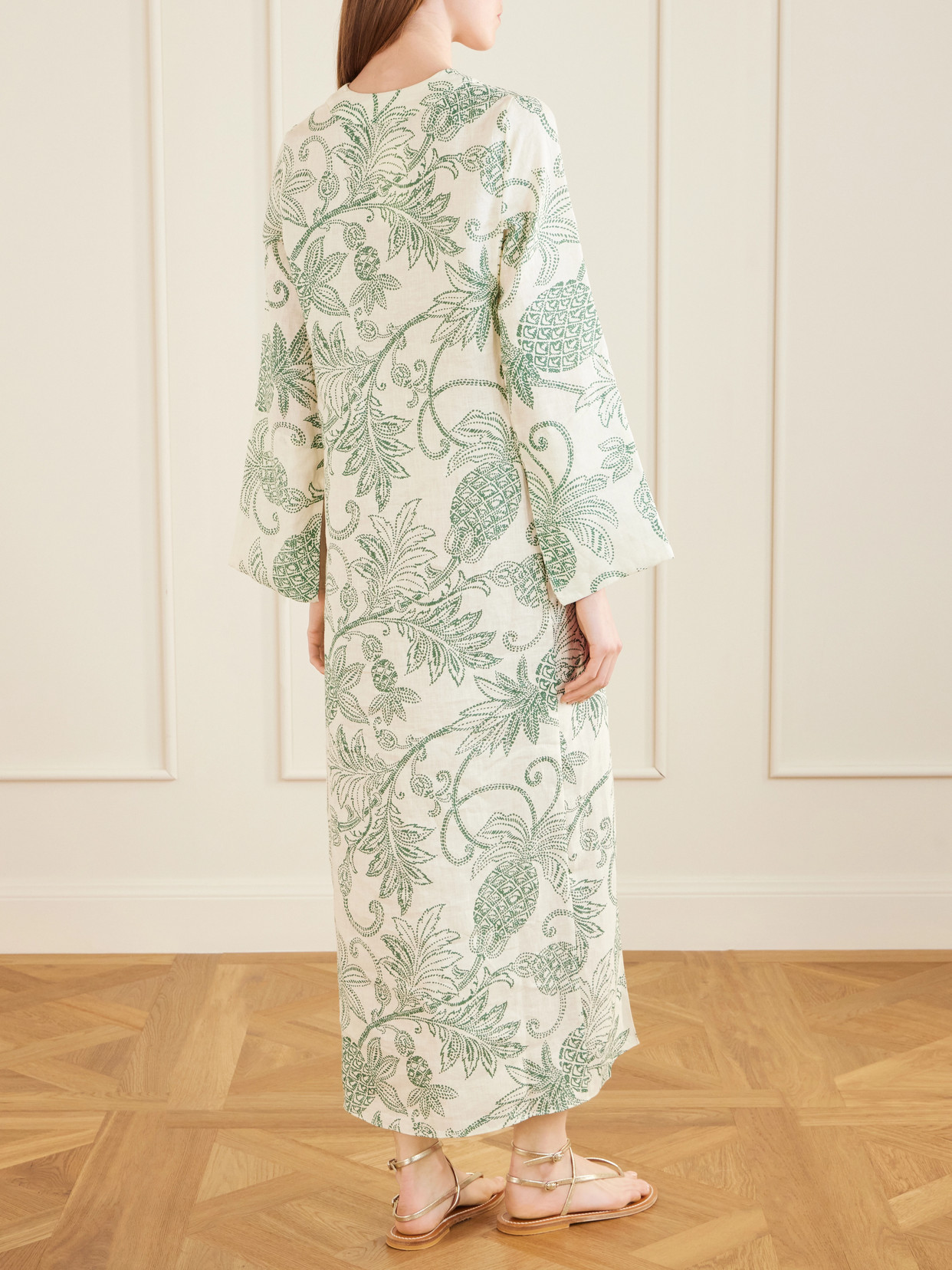 Theodora Printed Linen Maxi Dress - Green