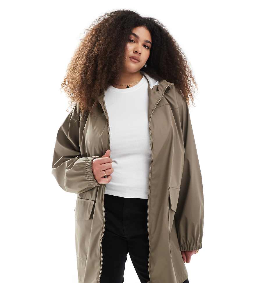 ASOS DESIGN Curve rubberized rain coat in mushroom-Brown