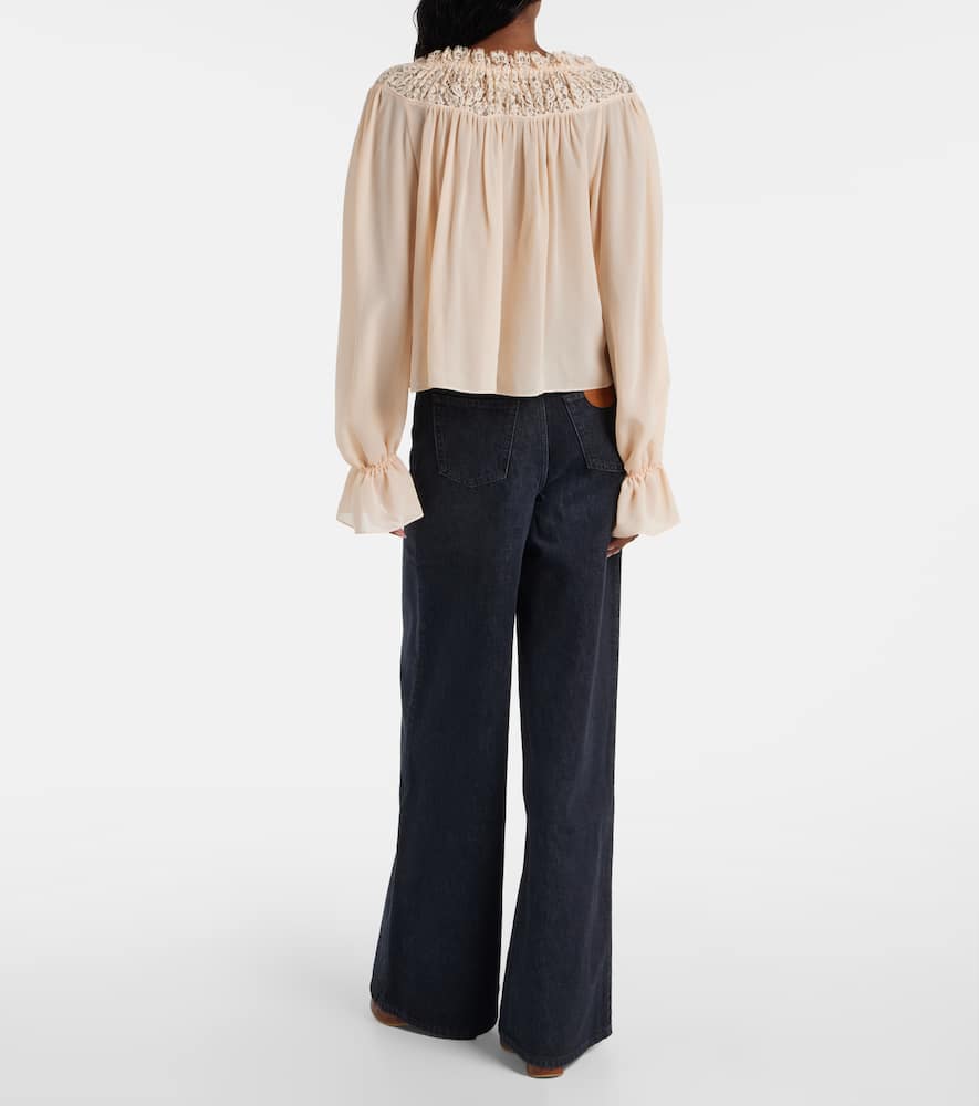 Chloé Shirred cropped lace-trimmed silk blouse