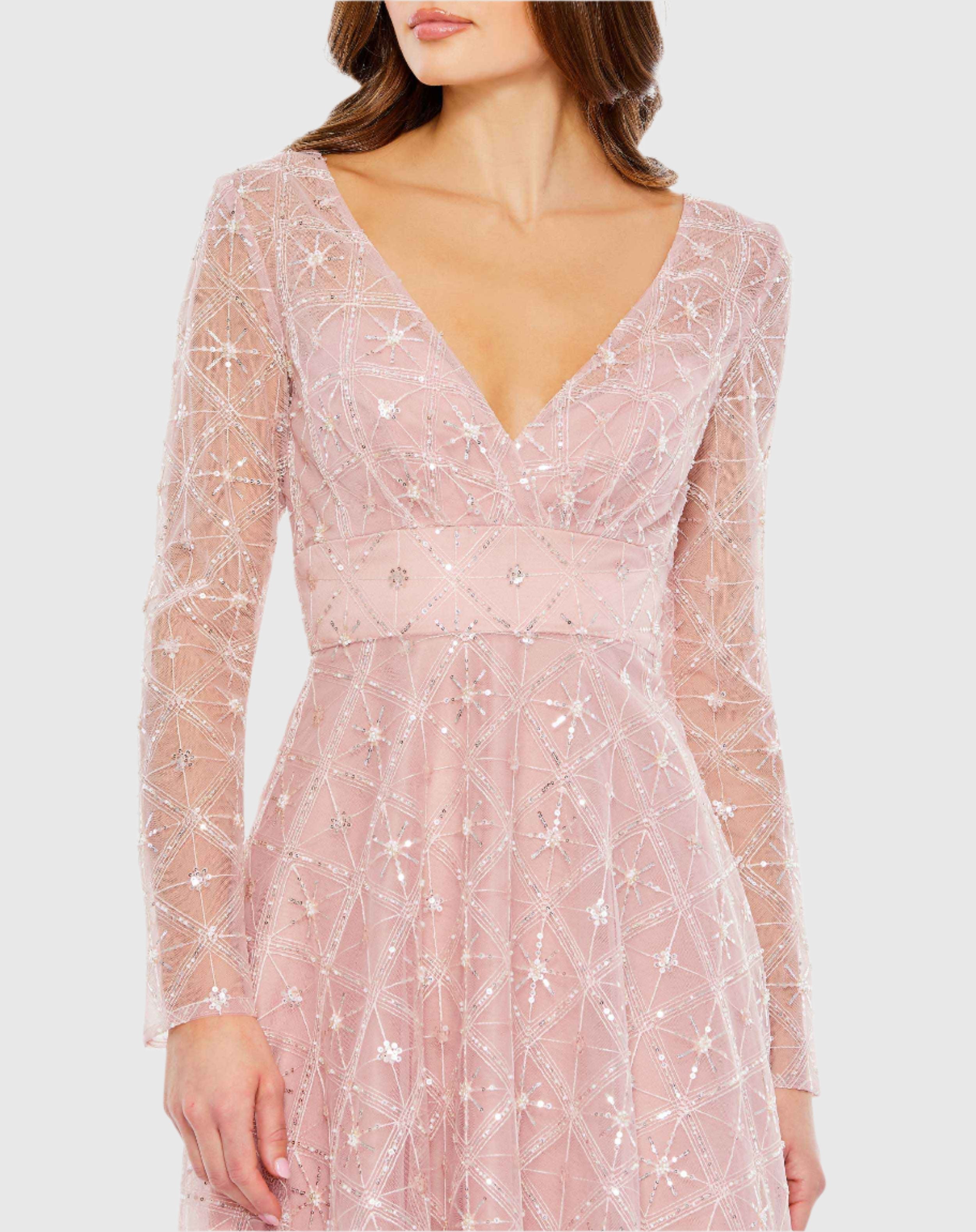 Embellished Illusion Long Sleeve Dress In Rose