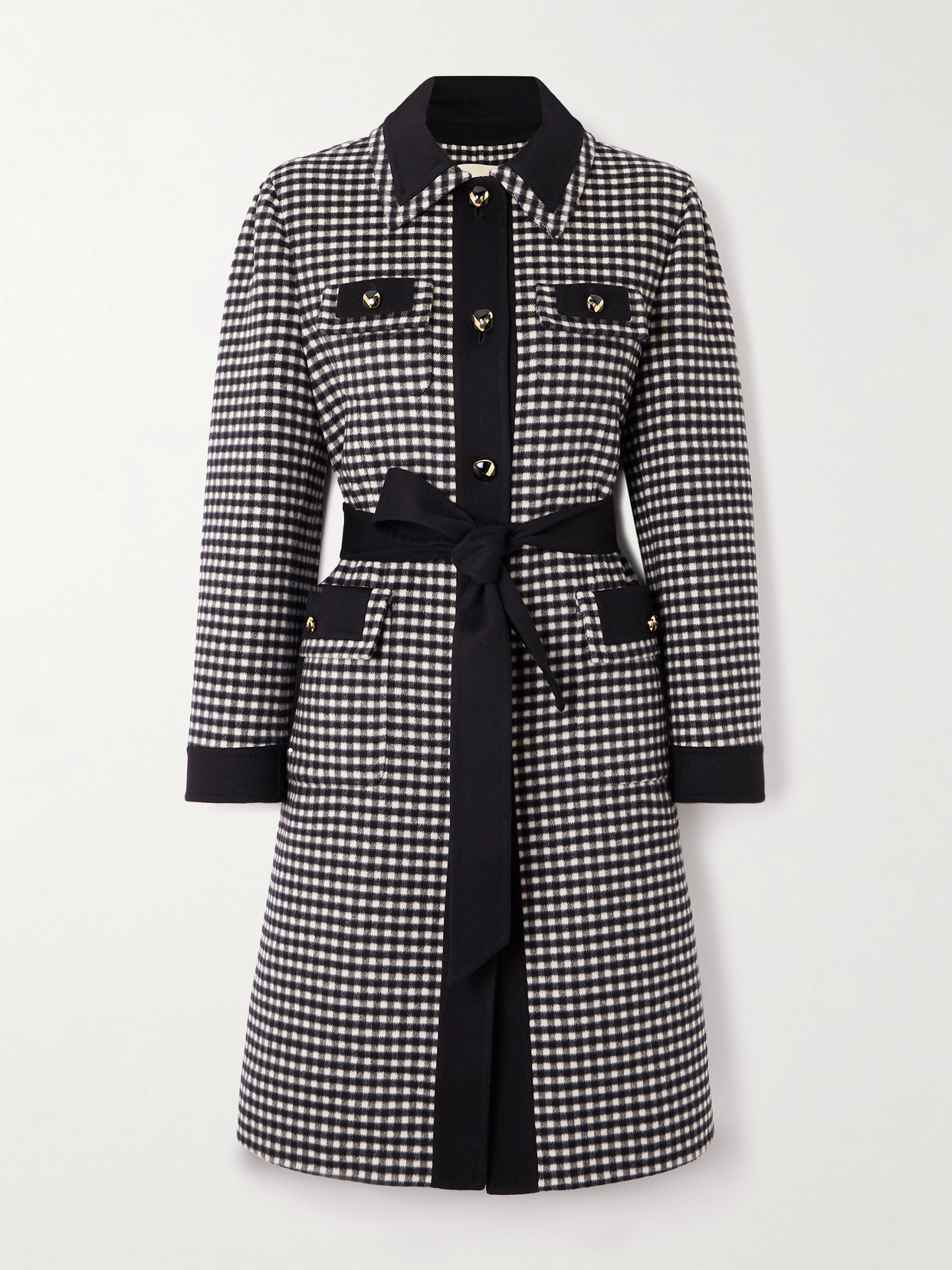 Belted Checked Wool And Cashmere-blend Coat - Black