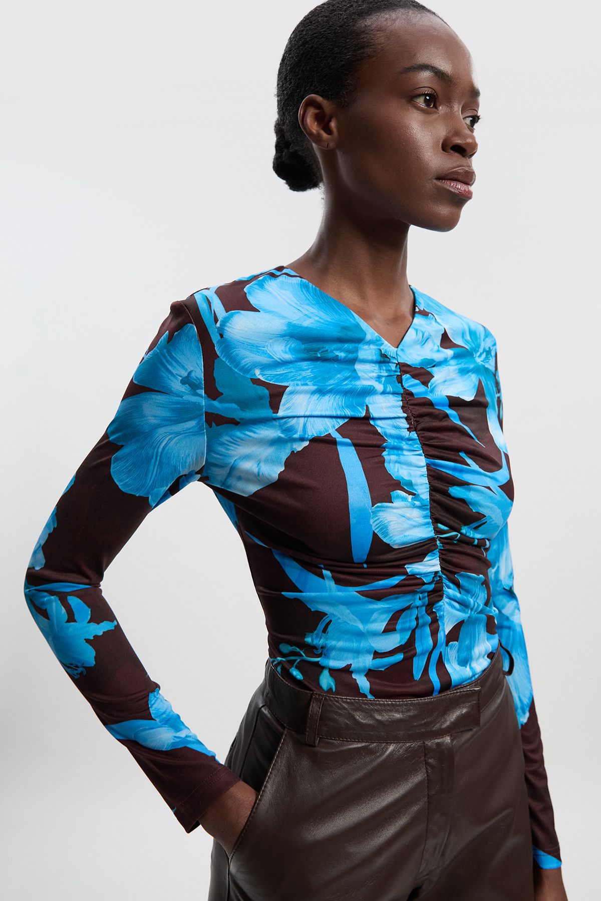 Karen Millen Womens Floral Print Crepe High Neck Top - Blue - X-Sma