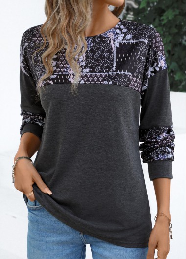 Modlily Dark Grey Patchwork Tribal Print Long Sleeve T Shirt