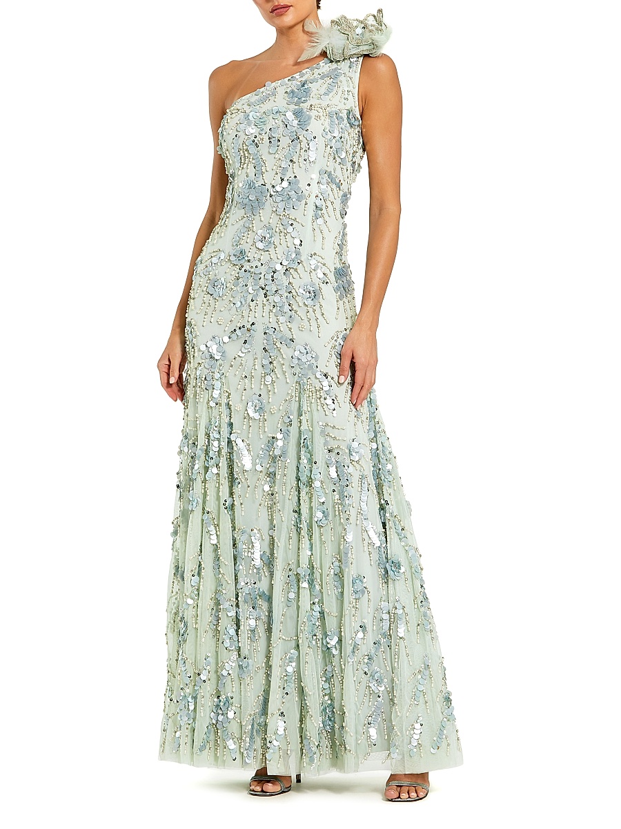 Women's Evening Embellished Mesh One-Shoulder Trumpet Gown - Sage