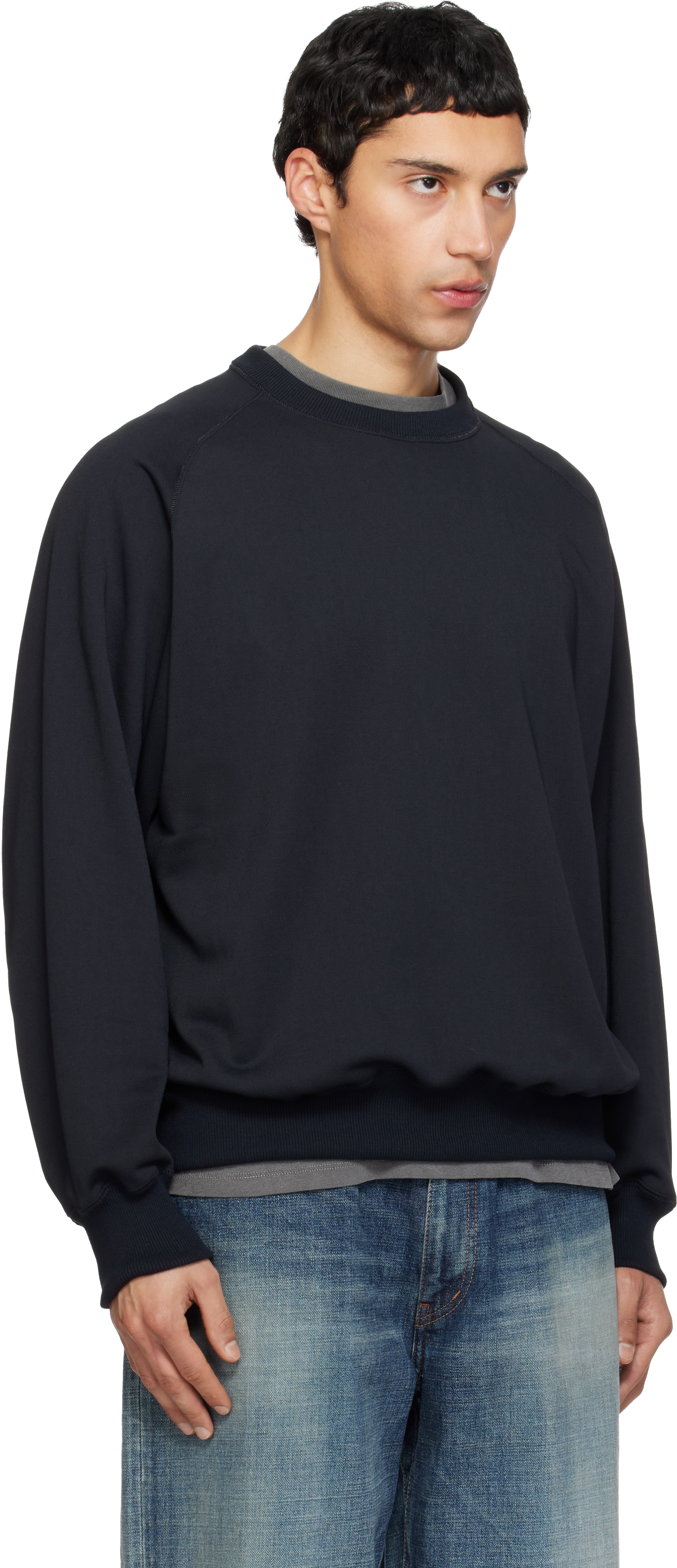 Black Polyester Pile Crew Neck Sweatshirt