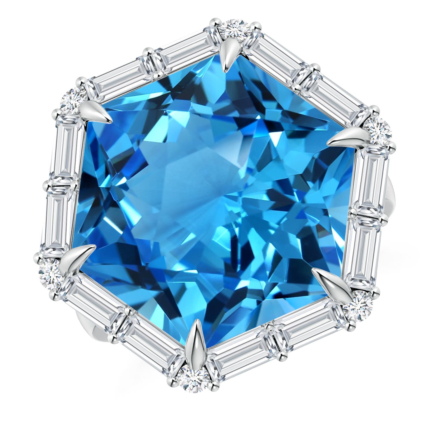 Angara 17.5 Carats GIA Certified Hexagonal Fancy-Cut Swiss Blue Topaz Halo Ring in Platinum