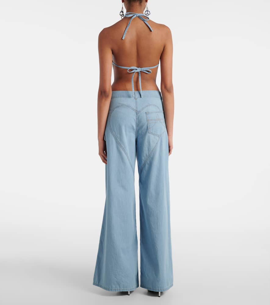 Embellished floral-appliqué wide-leg jeans