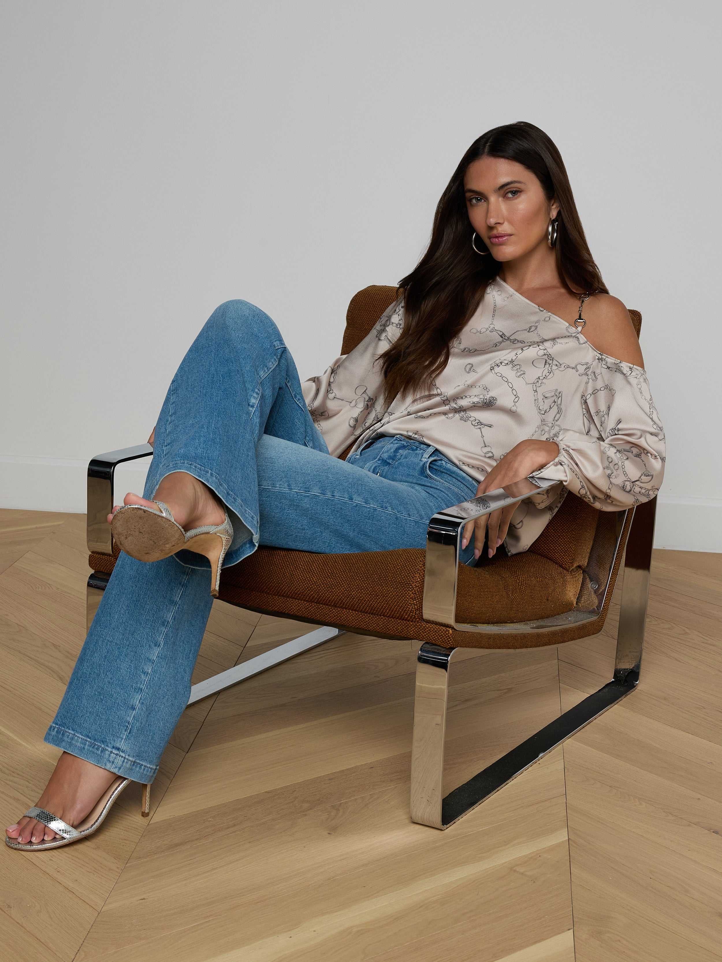 Asami Chain One-Shoulder Blouse Top In Soft Macadamia Multi Small Horsebit Chain