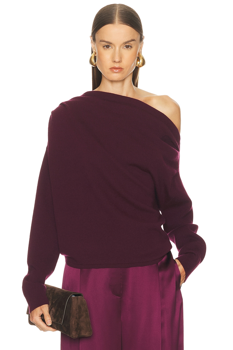 The Sei Long Sleeve Asymmetrical Drape Sweater in Red. - M also in