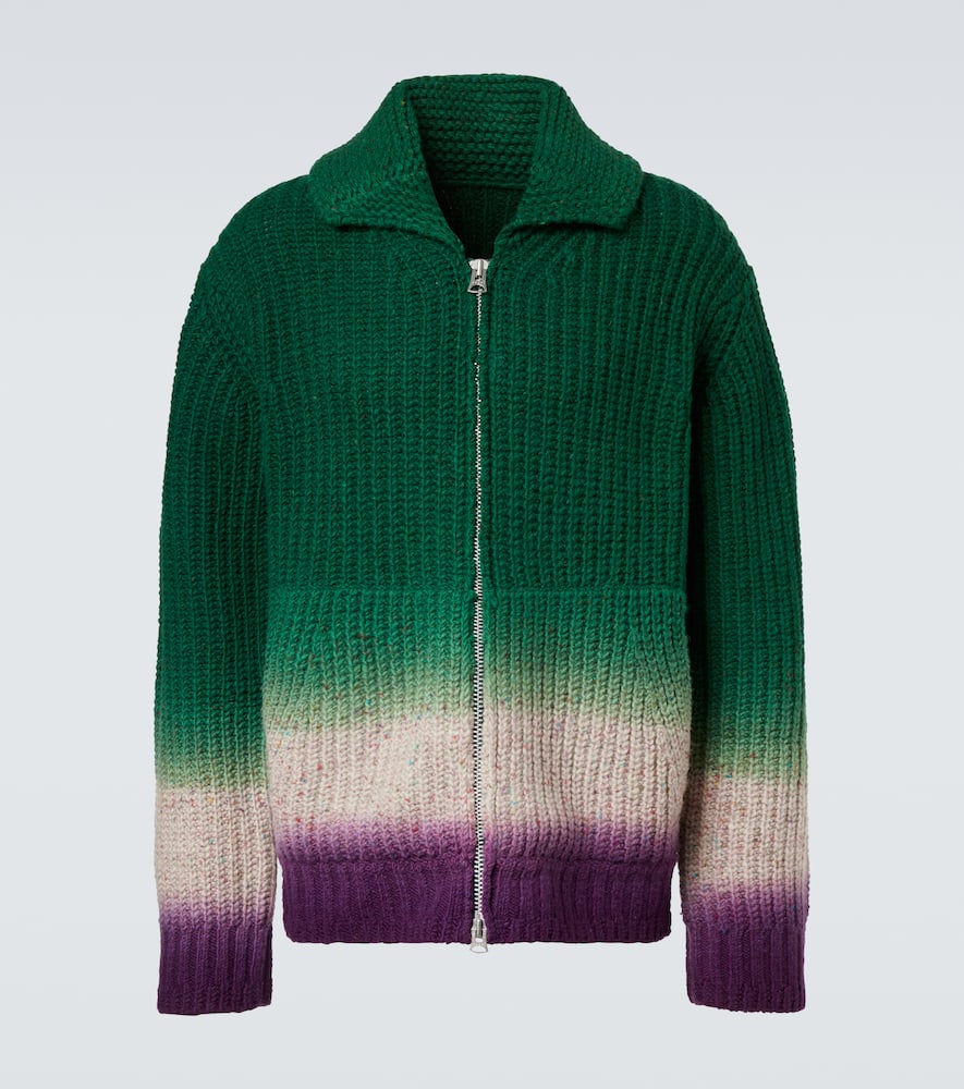Ribbed-knit wool zip-up cardigan