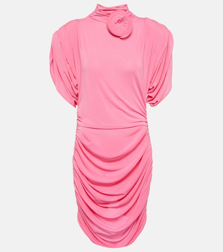 Rose-appliqué ruched jersey minidress