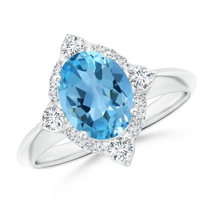 Angara 2.25 Carats Oval Swiss Blue Topaz Compass Ring with Diamond Halo in Platinum