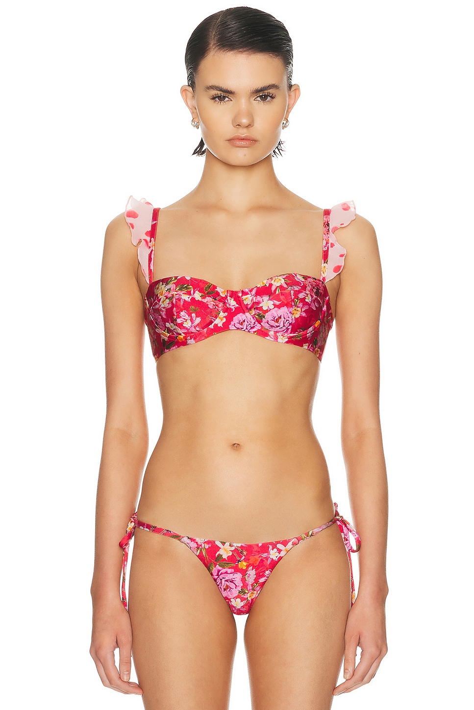 PatBO Peony Print Ruffle Bikini Top in Red - Red. M also in L